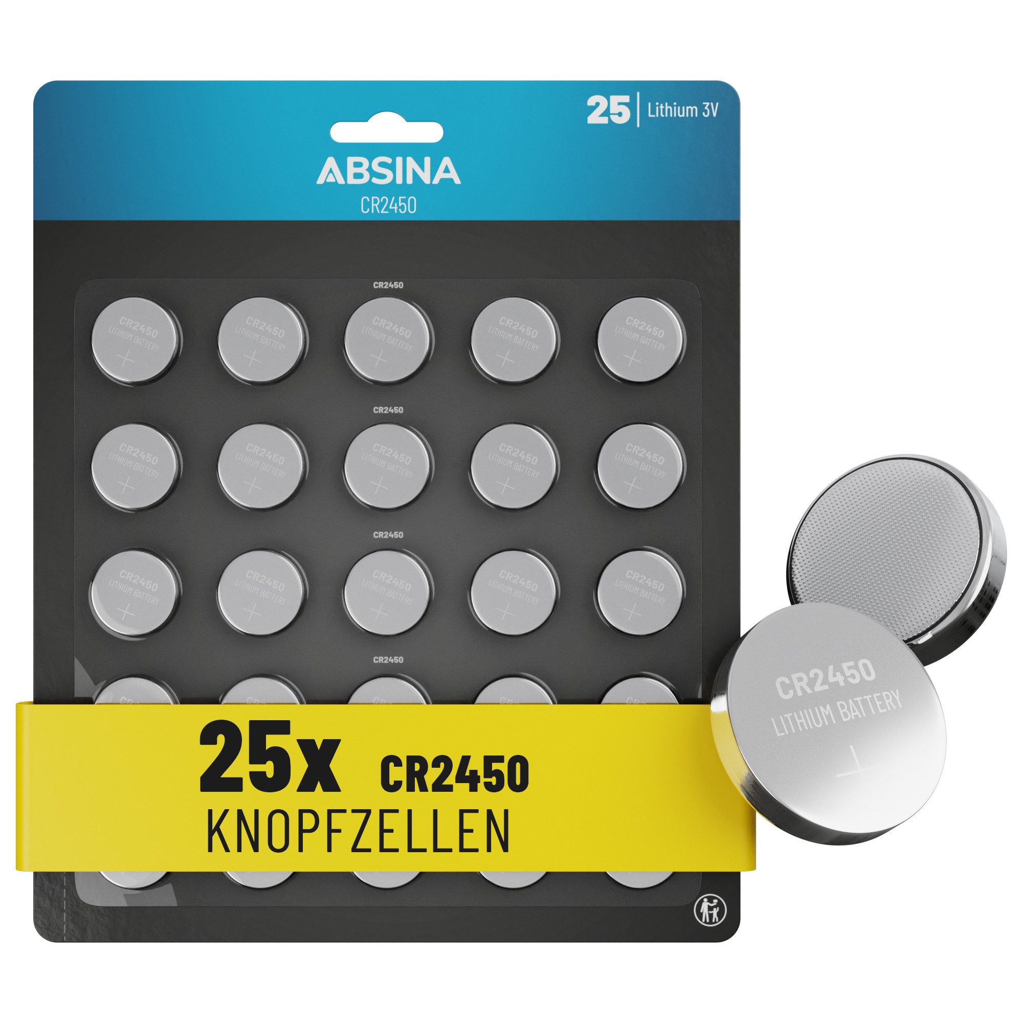 ABSINA CR2450 Knopfzelle 25er Pack - CR 2450 3V Knopfzellen auslaufsicher Knopfzelle, (3V V, 1 St)