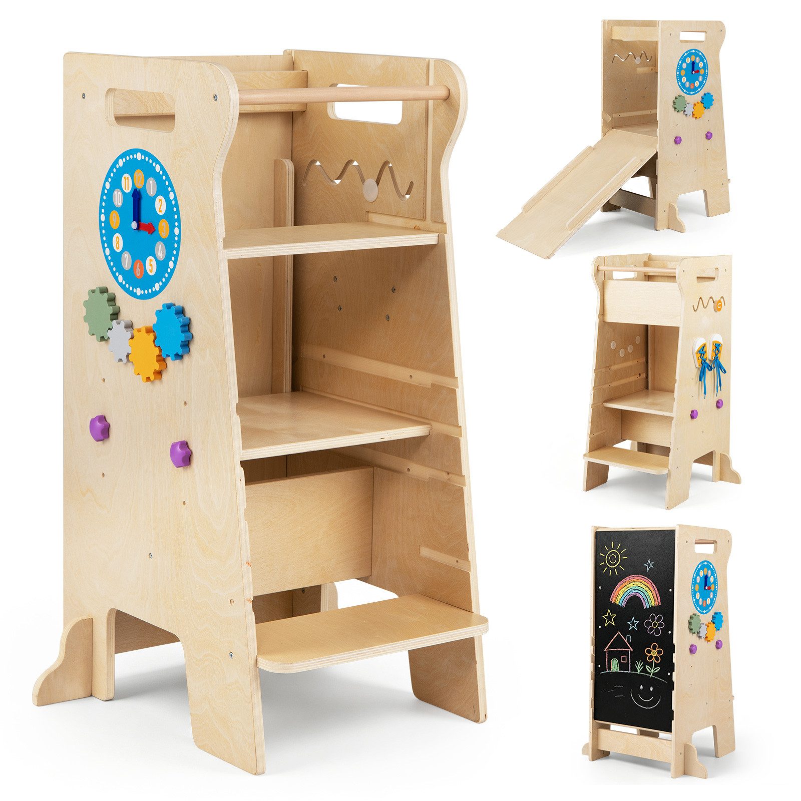 COSTWAY Tritthocker 4 in 1 Lernturm mit Tafel & Rutsche, Küchenturm Montessori