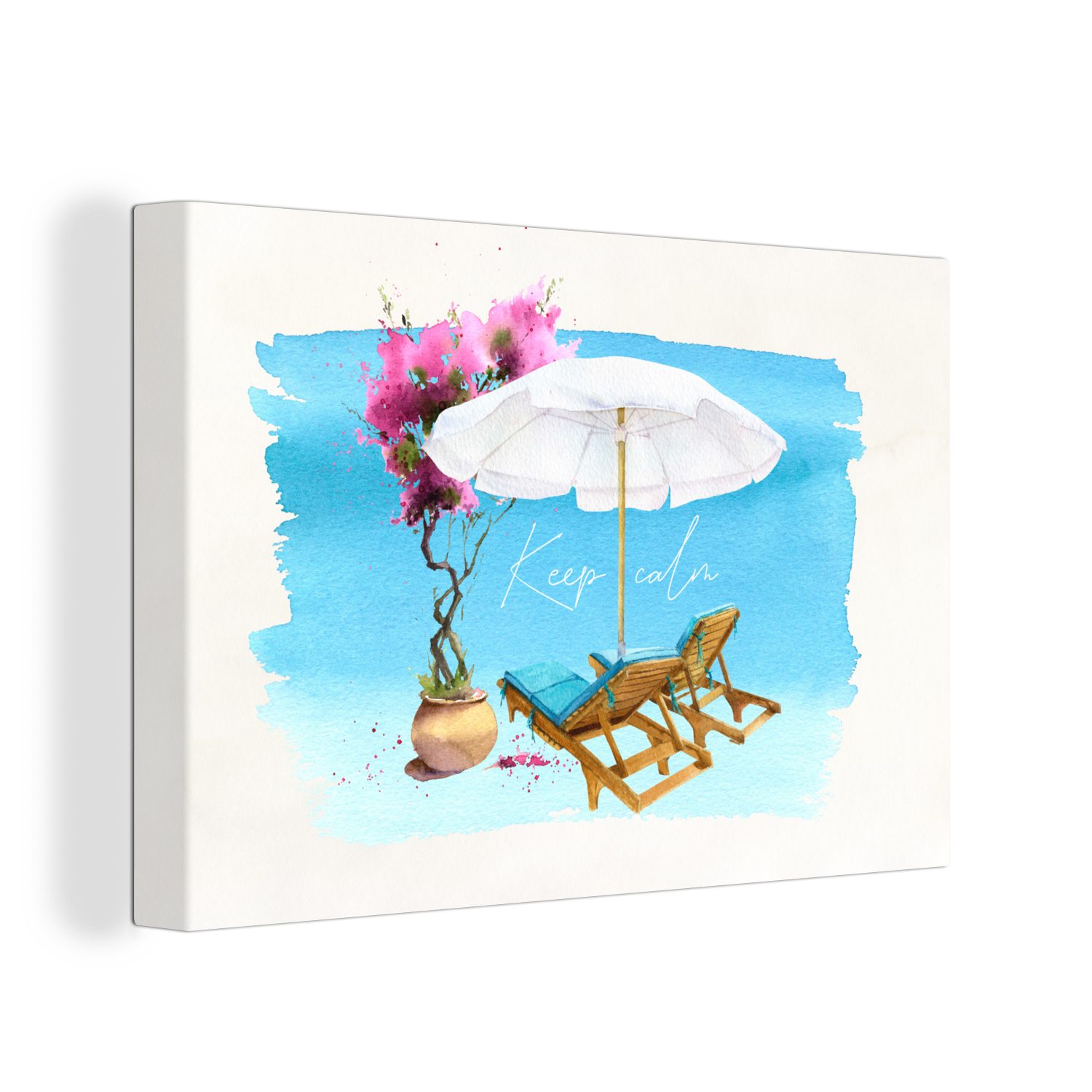 OneMillionCanvasses® Leinwandbild Strandkorb - cm (1 Wanddeko, Leinwandbilder, - 30x20 - Sonnenschirm Aufhängefertig, St), Wandbild Blumen Aquarell