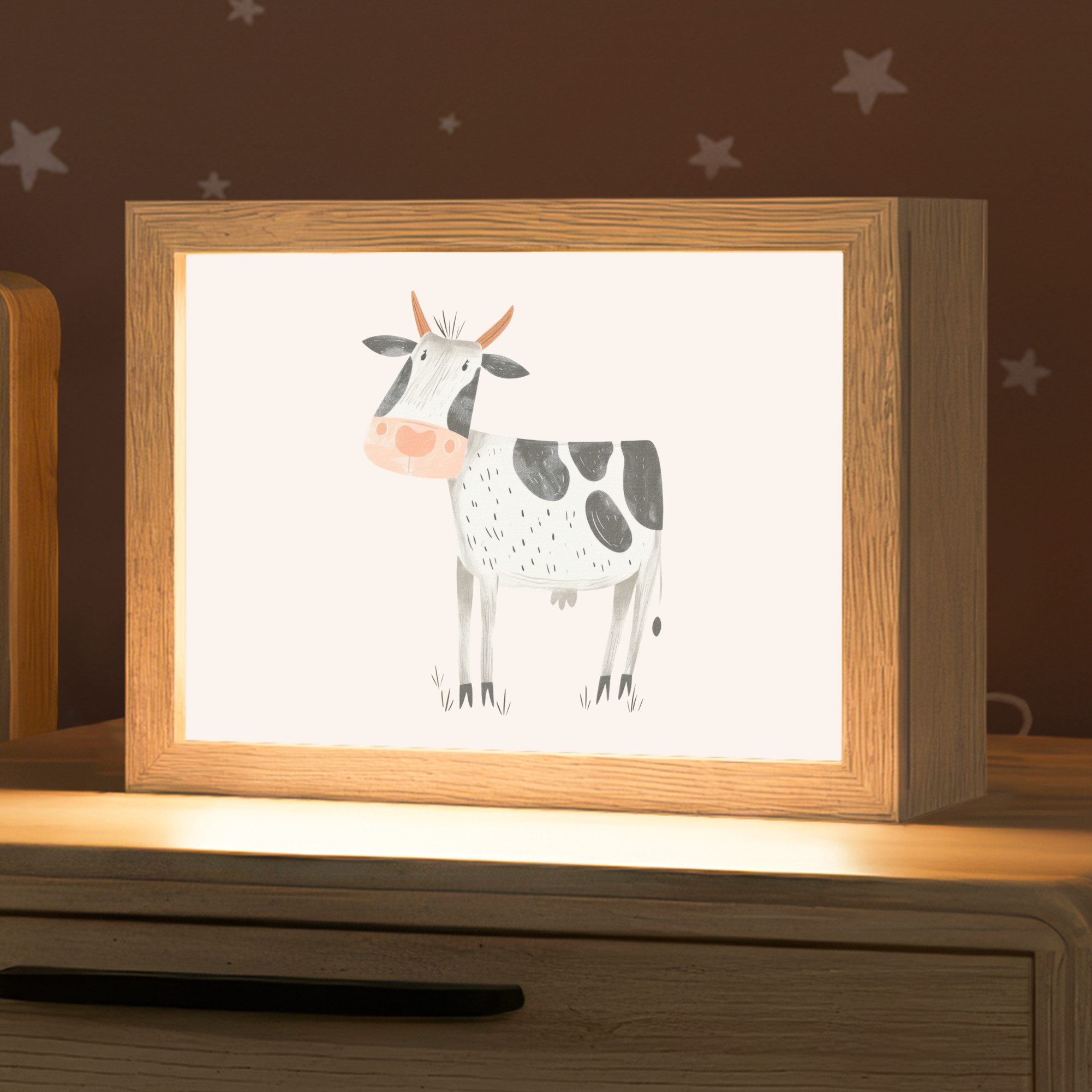 OnlyWow Nachttischlampe Lightbox Kuh - Bauernhoftier - Tiere - Pastellfarben - Jungen, Dimmbar, Farbwechsel, LED, Warmweiß, Kaltweiß, Neutralweiß Einstellbar, Nachtlicht, Kinder- und Babyzimmer, Dimmbar, mit Kabel, Tischleuchte von OnlyWow