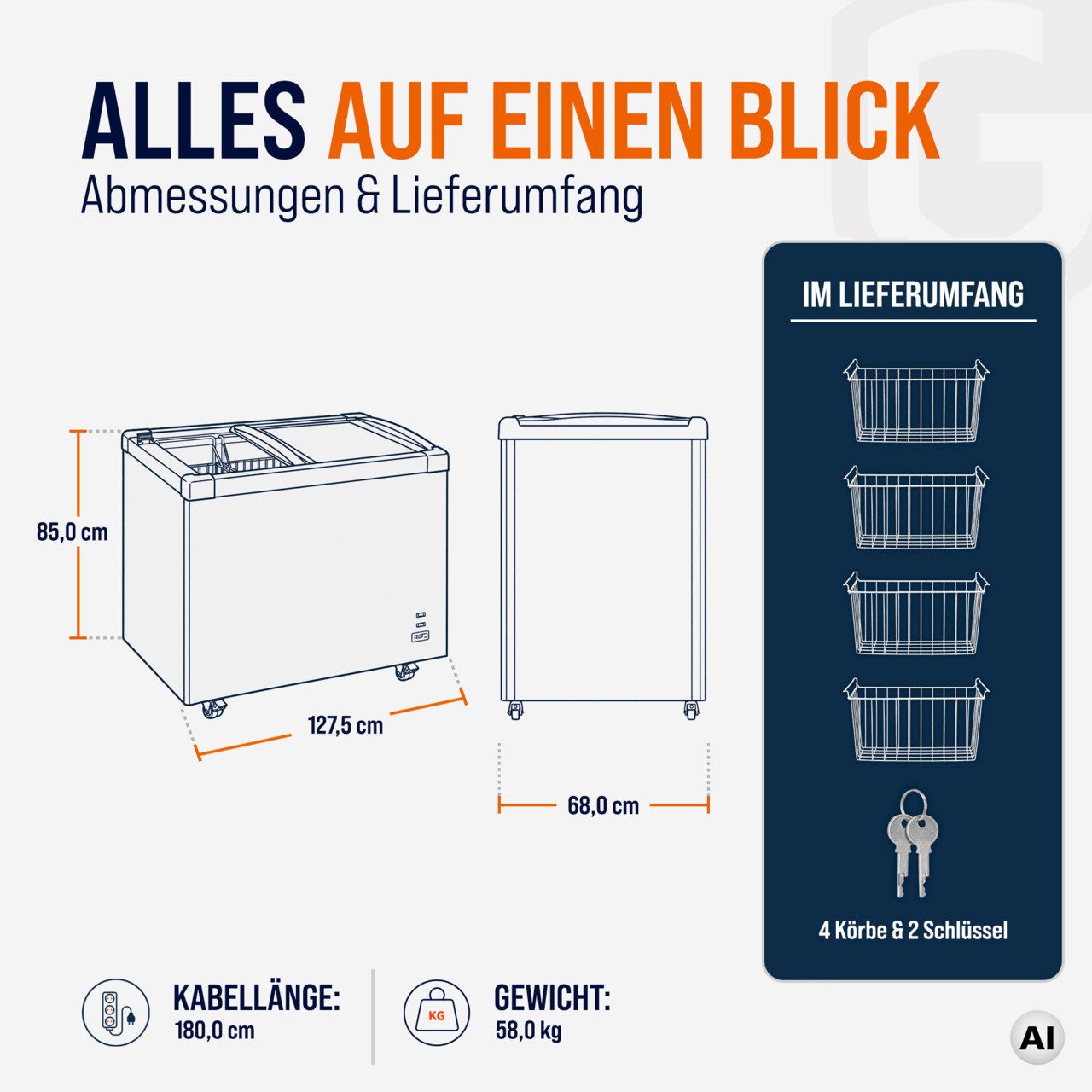 GastroHero Gefriertruhe Tiefkühltruhe 355 Liter mit Glasschiebedeckel & Rollen abschließbar TKTR-ECO450GN, 127.5 cm breit, 355 l – Bild 5 von 5