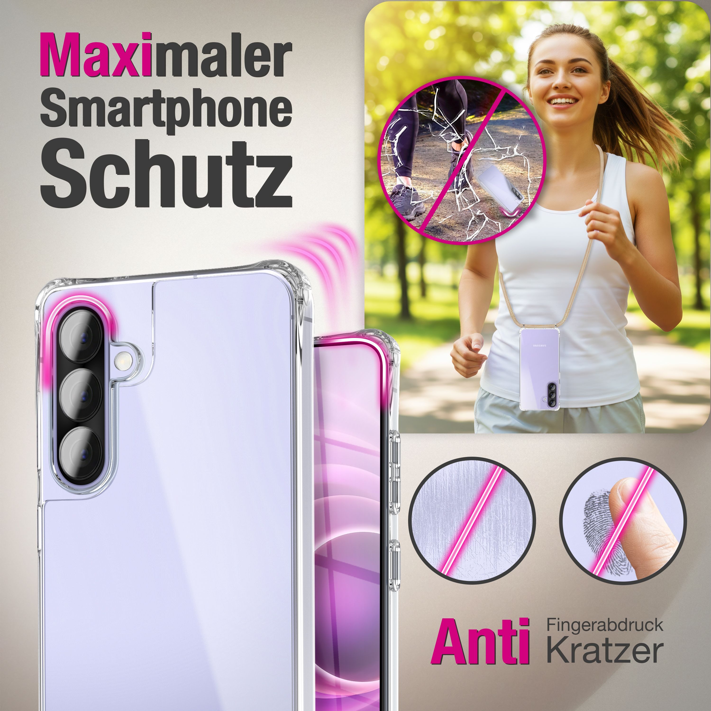 Nalia Smartphone-Hülle Samsung Galaxy A57, HANGIT PRO Case zum Umhängen - Transparent, 160cm Band & Anti-Gelb