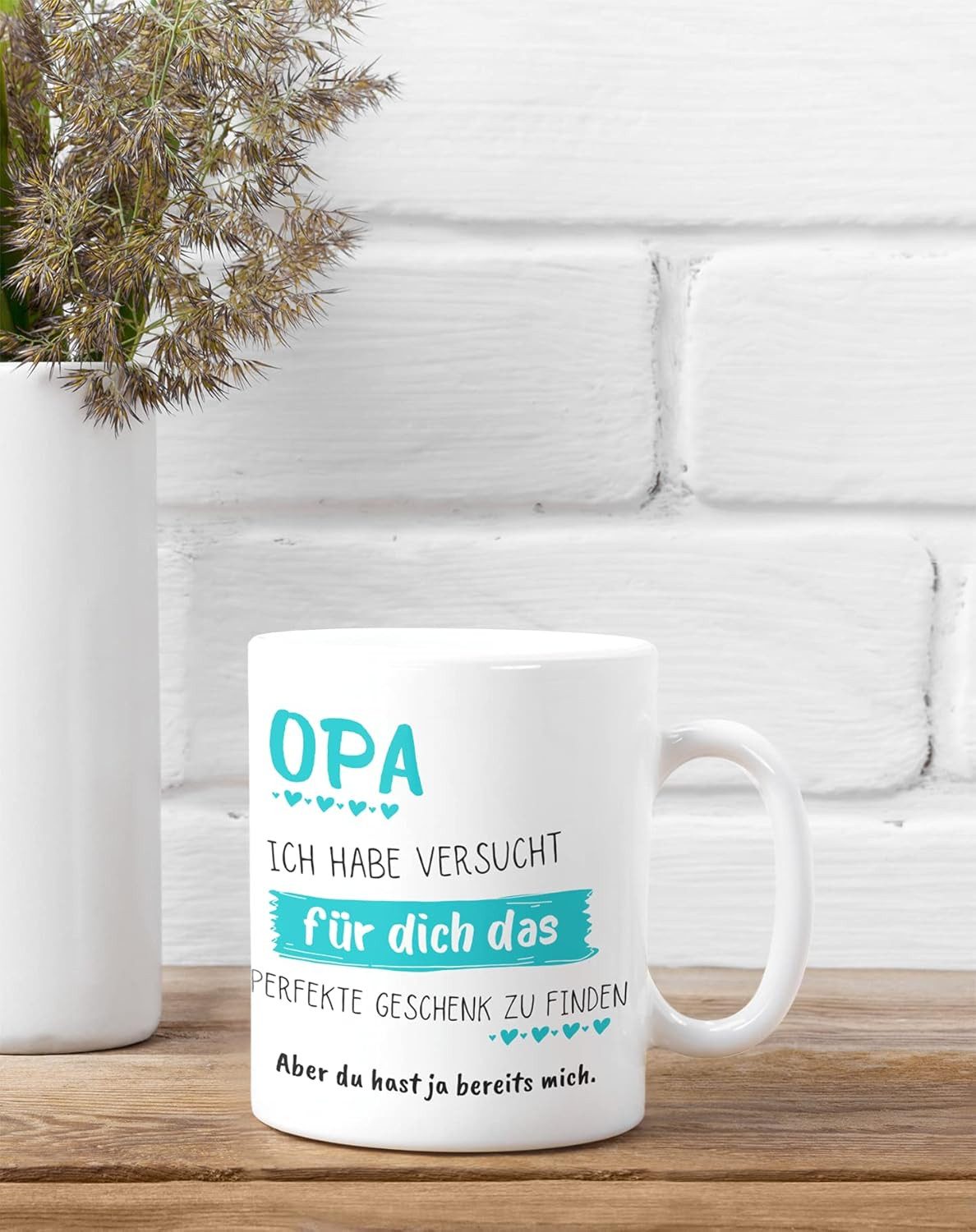 Geschenkehöhle Tasse in reinem Weiß mit Spruch "Ich habe das perfekte Geschenk für dich", 330 ml Fassungsvermögen ideal für Kaffee, Tee oder andere Heißgetränke