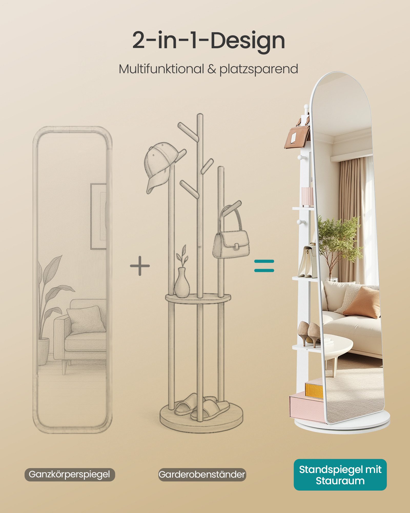 SONGMICS Standspiegel 360° drehbarer Spiegel mit Vergrößerungsspiegel, 163 x 45 cm (H×D), für Schlafzimmer, Wohnzimmer