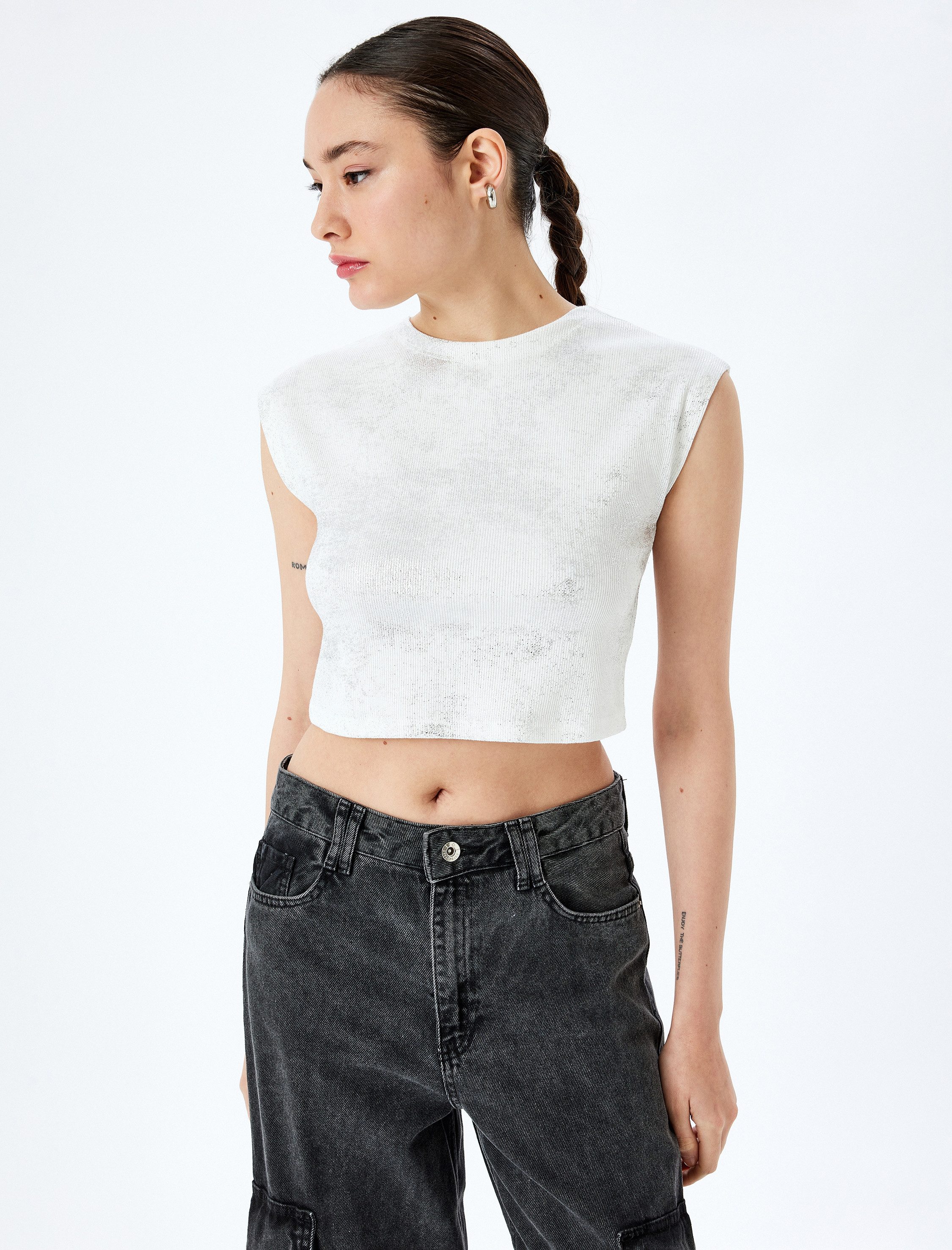 Koton T-Shirt Koton Kap-Ärmel Crop Rundhals T-Shirt