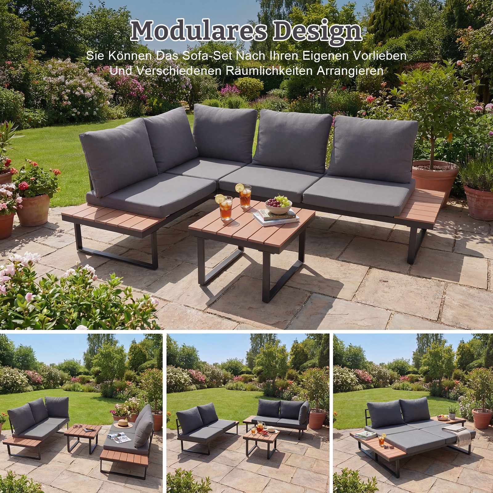 HOMAVO Gartenlounge-Set mit Couchtisch, Ecksofa in L-Form, wasser- und sonnenschutzbeständig, mit Sofaabdeckungen wasserfest, für Terrasse, Balkon und Garten