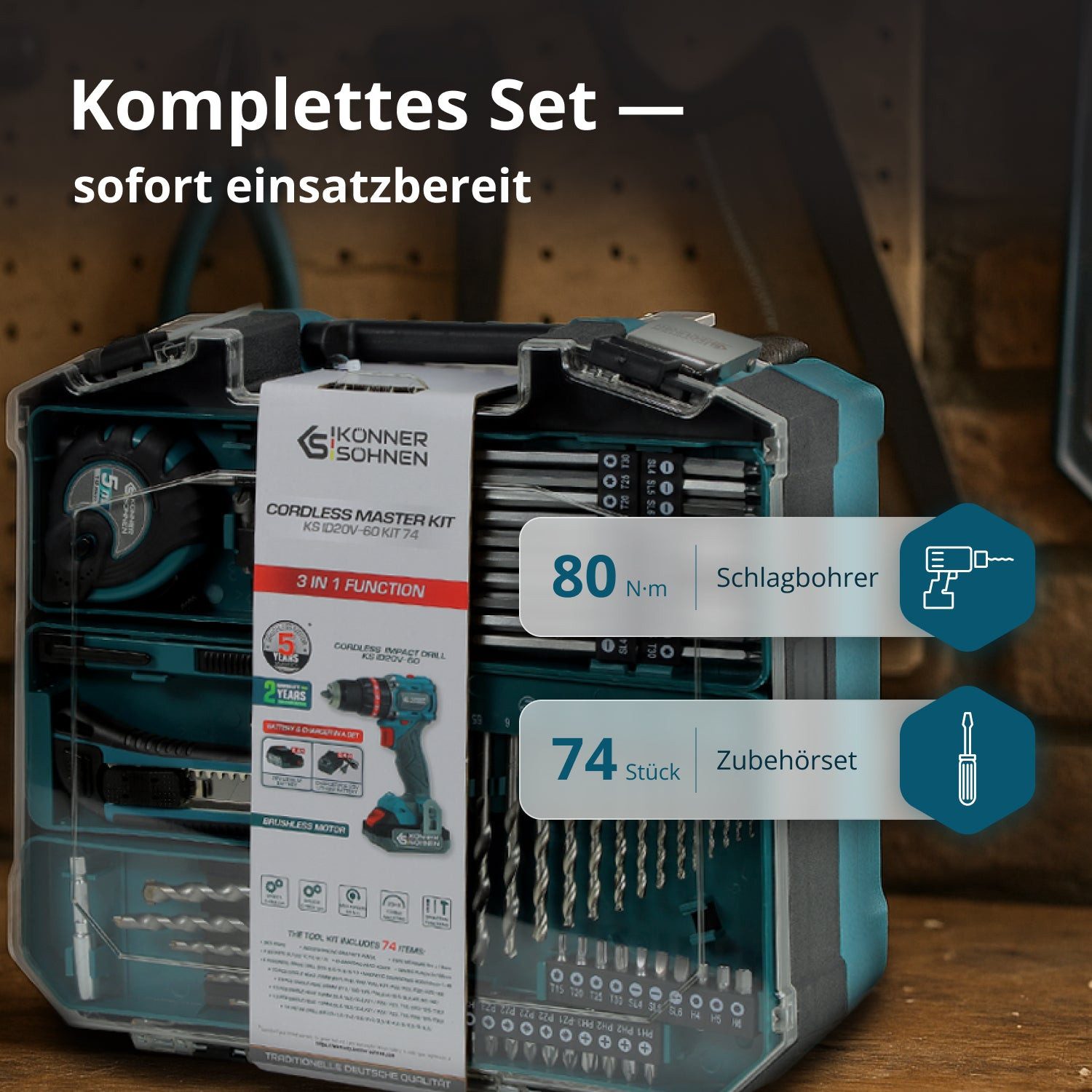 Könner & Söhnen Akku-Schlagbohrschrauber KS ID20V-60 KIT 74, (60 Nm Bohrmaschine für Holz und Metall mit Akku)