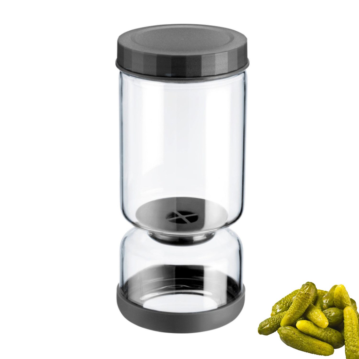 WESTMARK Vorratsdose Abtropfglas 1 Stk – Einlegeglas, zum Abtropfen und Servieren, 1300 ml, Borosilikat Glas, Silikon, PP