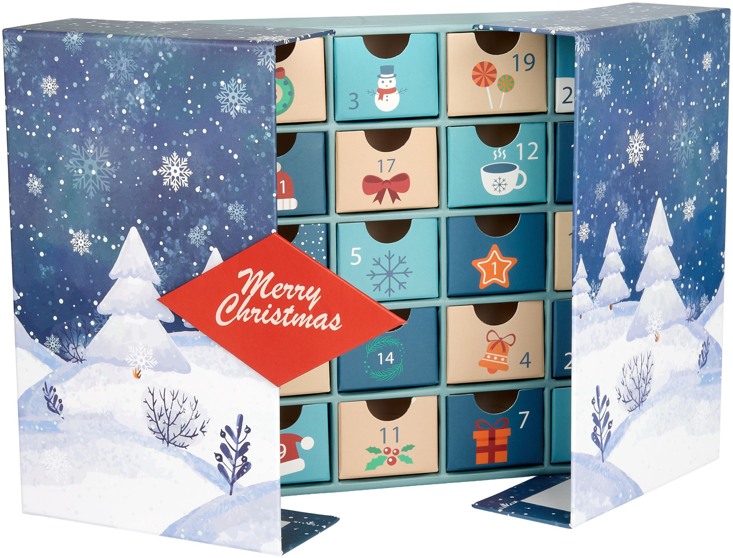 BRUBAKER befüllbarer Adventskalender Adventskalender zum Befüllen 2025 - Weihnachtskalender zum Aufklappen (für Gutscheine und Süßigkeiten - 27 cm groß aus Pappe, 1-tlg), DIY Kalender zum Aufklappen mit 24 Türchen - Blau