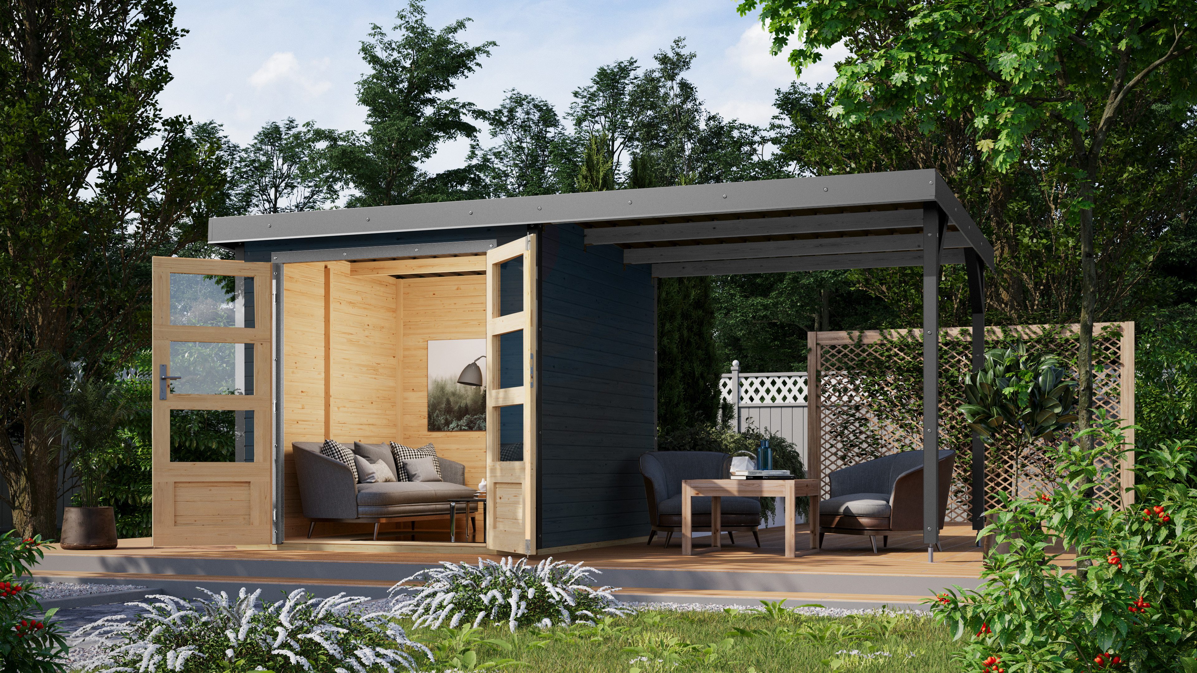 Karibu Gartenhaus Jupiterino 2 SET, in verschiedenen Farben, BxT: 453x235 cm, (Set), inkl. Anbaudach