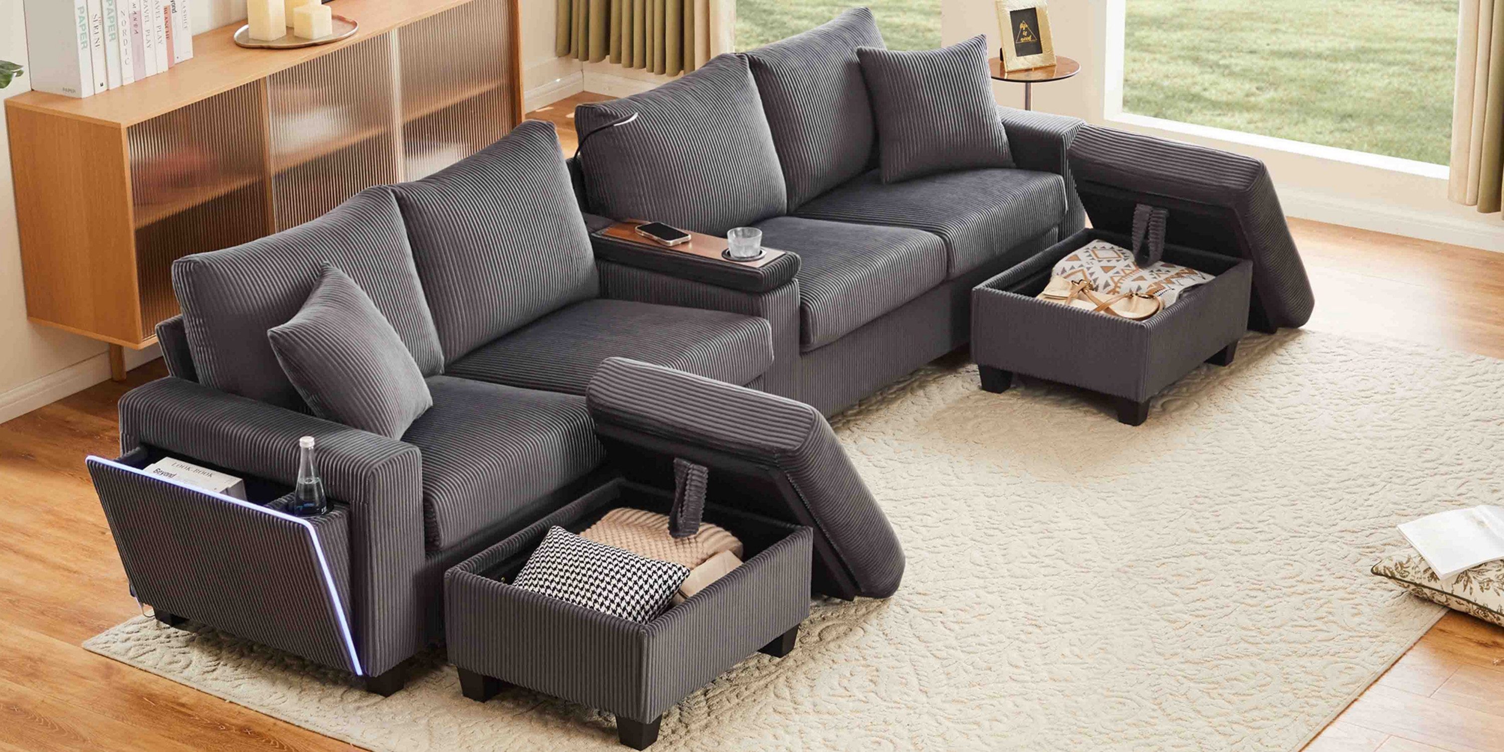 Flieks 4-Sitzer Sofa mit Leselampe, LED-Beleuchtung, Getränkehalter & USB/Type-C, Set, U-förmiges Polstersofa inkl. 2 Hocker mit Stauraum, Cordstoff Beige