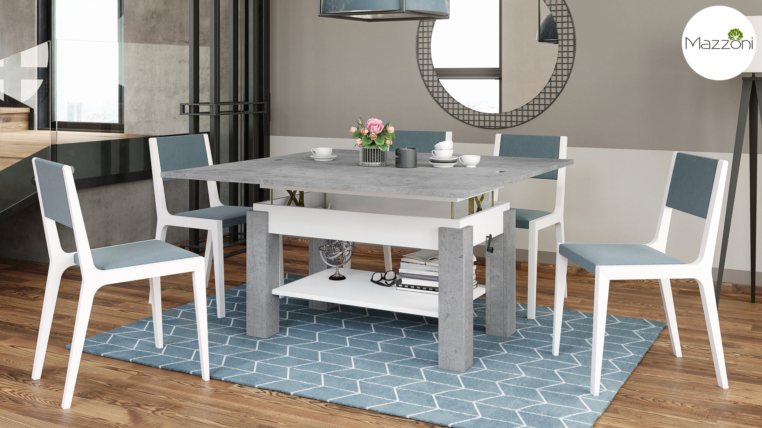 designimpex Couchtisch Design Couchtisch Tisch Arbeitstisch Brawo höhenverstelbar aufklappbar Beton / Weiß matt