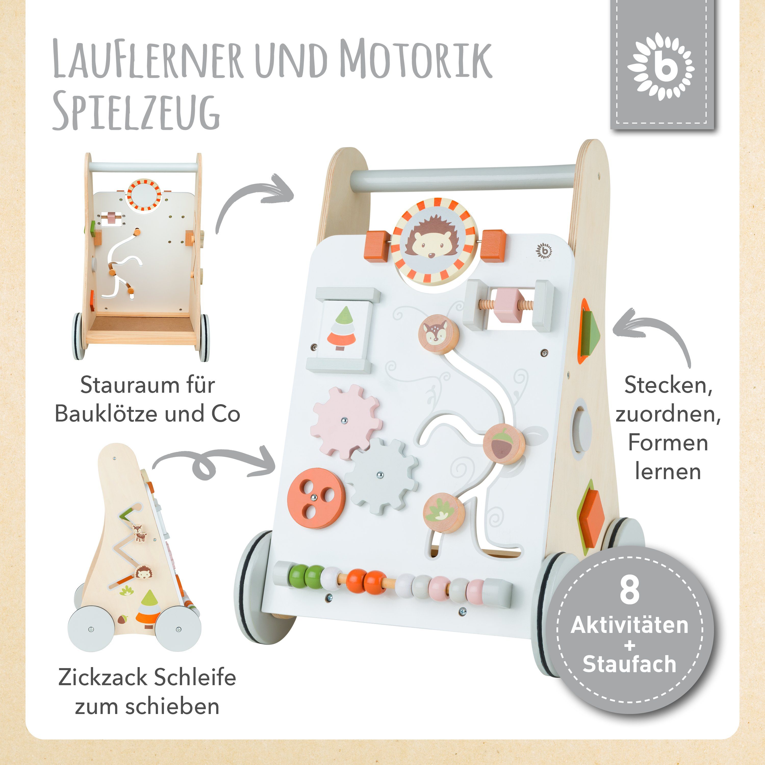 BIECO Lauflernhilfe Bieco Lauflernwagen Holz ab 1 Jahr Multifunktionale Baby Lauflernhilfe Laufwagen für Babys zur Förderung der Motorik Baby Gehhilfe mit Gummibereifung Activity Lauflernhilfe für Babys