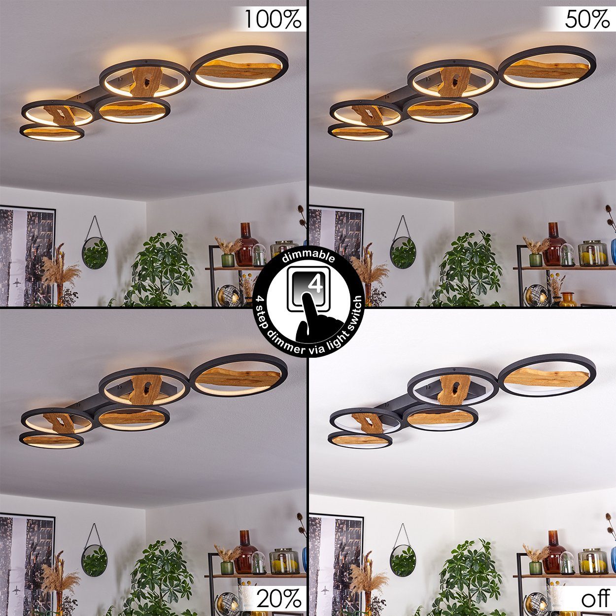hofstein Deckenleuchte dimmbare Deckenlampe aus Metall/Holz/Kunststoff in Schwarz/Natur/Weiß, LED fest integriert, 3000 Kelvin, Leuchte Länge 96cm, 42 Watt, 6000 Lumen, dimmbar über Lichtschalter