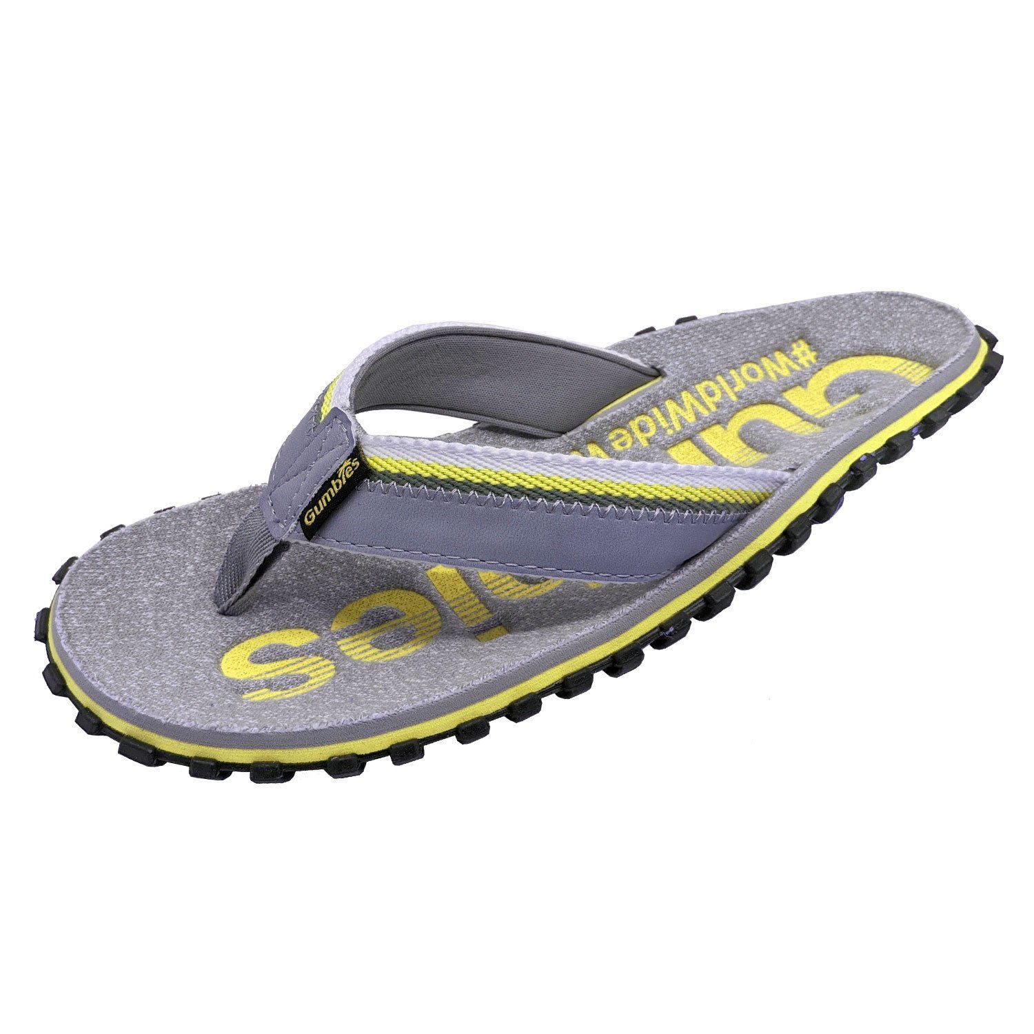 Gumbies Cairns in Yellow T-Strap-Zehentrenner aus recycelten Materialien hergestellt, stabile Gummisole