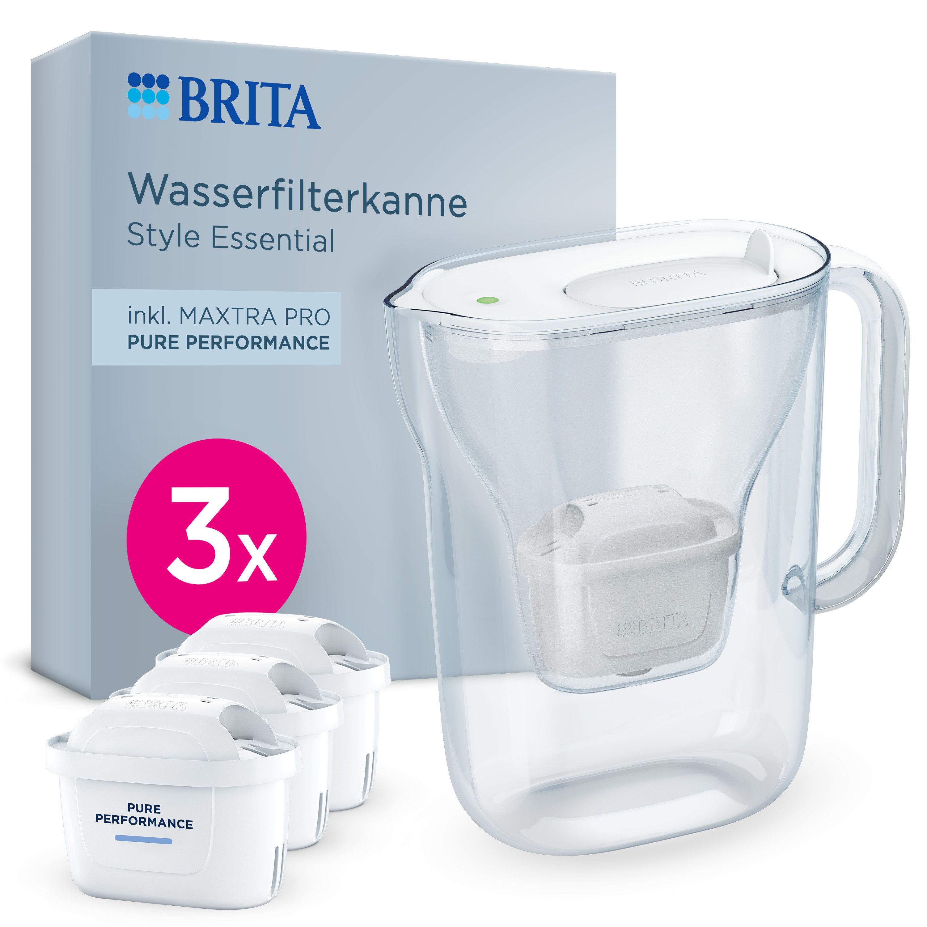 BRITA Wasserfilter Kanne MAXTRA Style Essential weiß (2,4l), 3x Pure Performance Filter, Filterkanne mit Filterwechselanzeige, reduziert Verunreinigungen