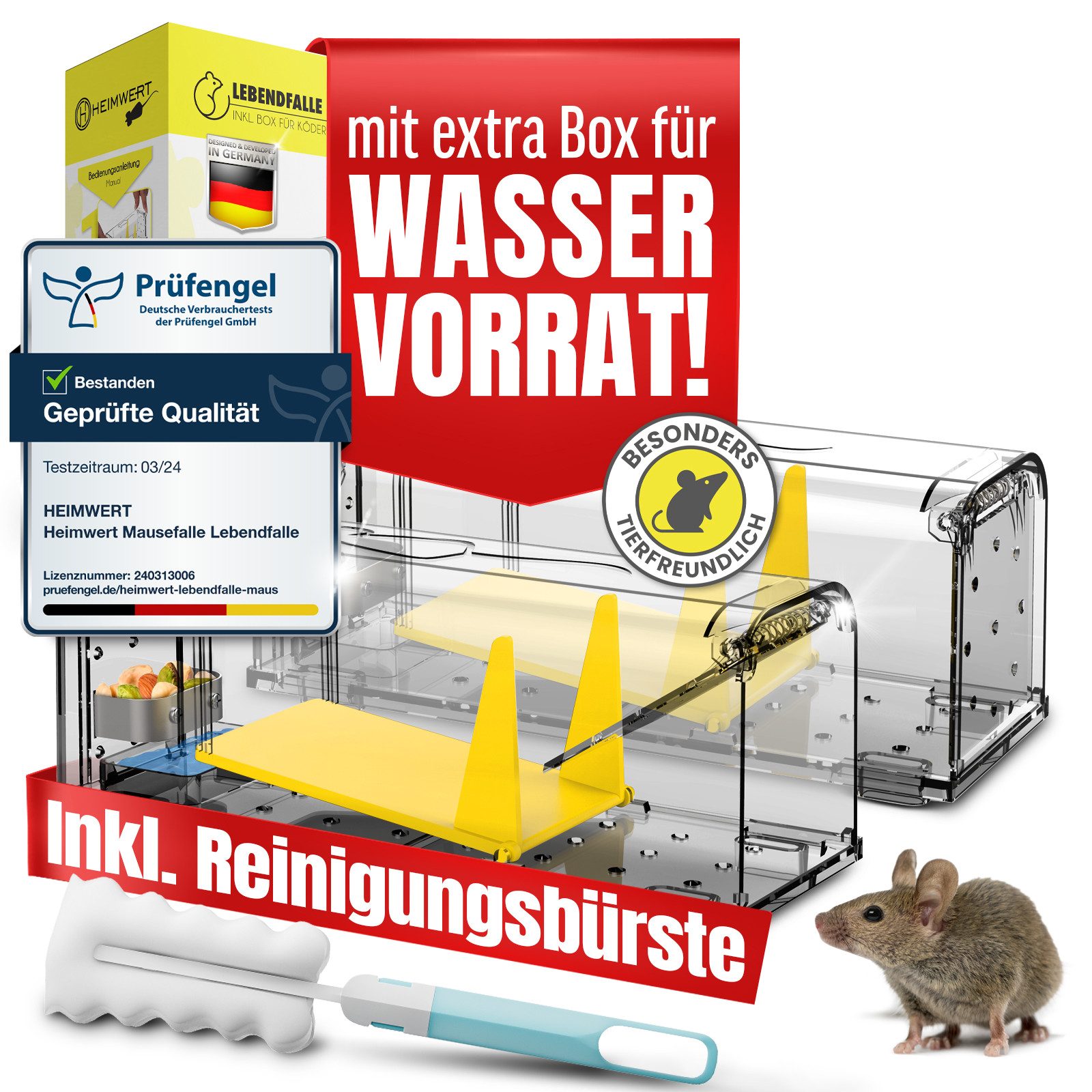 HEIMWERT Kleintierkäfig Lebendfalle Mausefalle Mäuse 2er-Set, mit Wasser Speicher + Köderbox + Ventilationsöffnungen