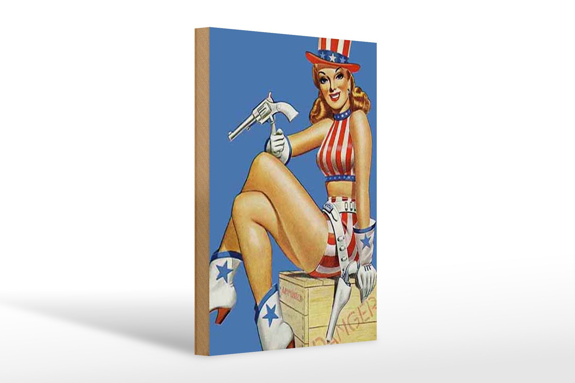 Femer GmbH Holzbild Pin Up 20x30cm danger Cowgirl USA Pistole, Waffen (1 St), Glatte Holzfaserplatte (MDF), vorn beschichtet