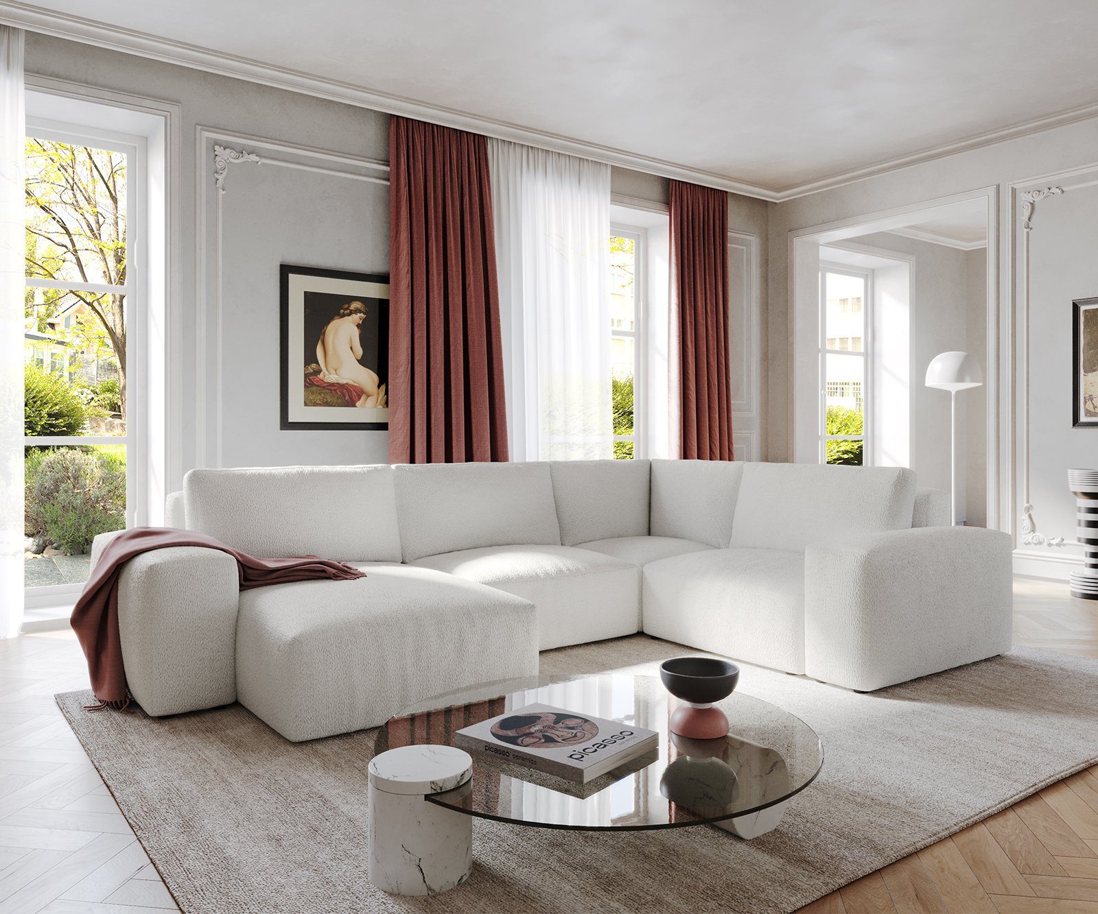 DELIFE Wohnlandschaft Lanzo, Bouclé Creme-Weiß 300x210 cm Recamiere variabel