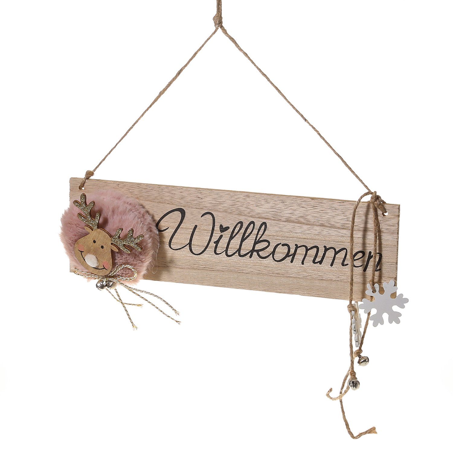 natur Dekoobjekt St) mit MARELIDA L: kleinen Rentier Glocken (1 Willkommensschild 28cm Holz rosa