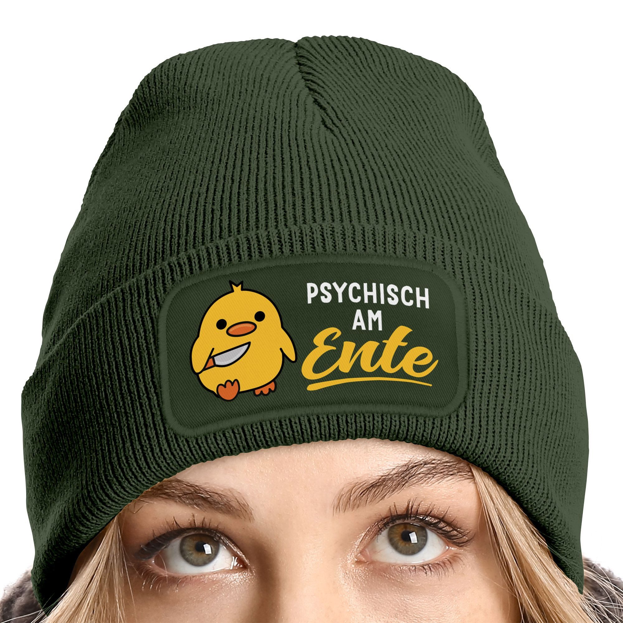 MoonWorks Strickmütze Damen Beanie Patch Strickmütze Spruch Meme Lustig Psychisch am Ente