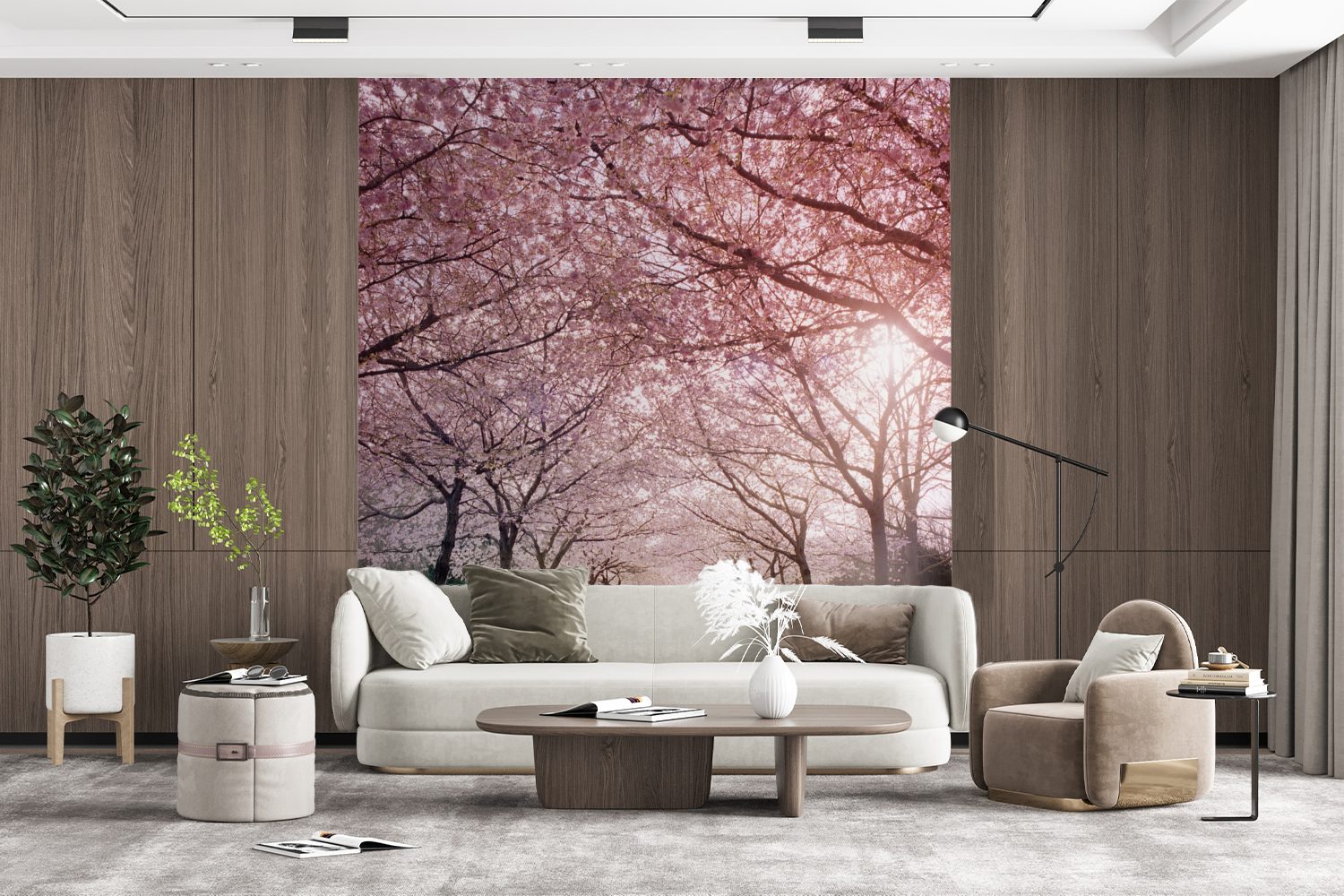 Fototapete Montagefertig klaren Vinyl MuchoWow St), an bedruckt, einem Wandtapete Tapete Sakura-Bäume Matt, für Tag, (5 Wohnzimmer,