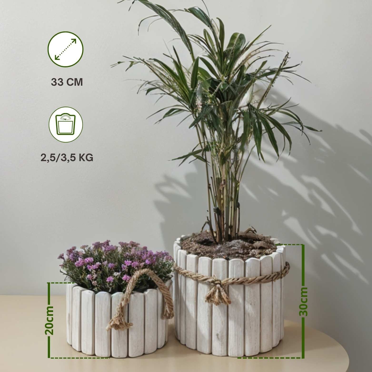Floranica Übertopf Runder Blumentopf aus Holz Pflanzentopf Pflanzkübel (mit Juteschnur als Griffimitat, 1 St., Weiß), Dekoration für Haus und Garten, für Innen- und Außenbereich