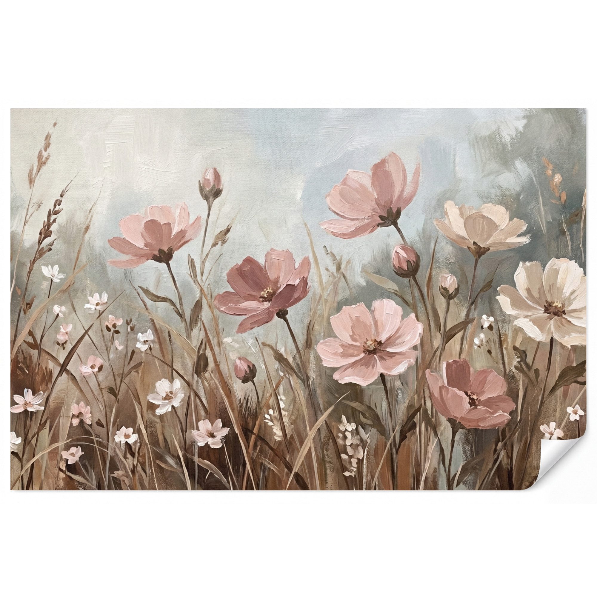 OnlyWow Fototapete Blumen - Botanisch - Malerei - Pastell - Rustikal, Matt, bedruckt, Wohnzimmer, Modern, bedruckt, Vinyl Tapete 100x70cm