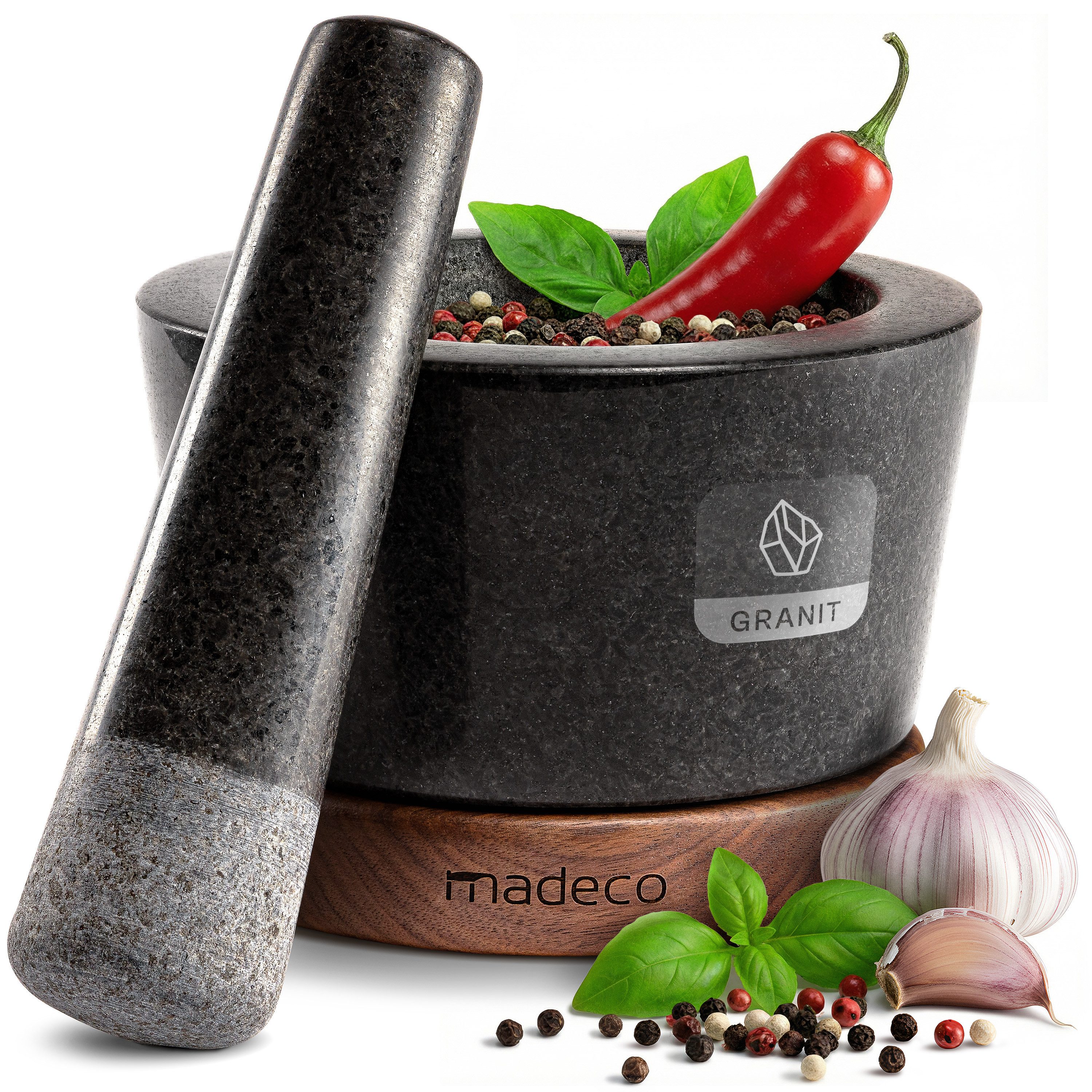 madeco Mörser Granit Mörser mit Stößel auf Holzsockel - für Gewürze & Kräuter, (Set, 2-tlg), Ø 14,5 x 10 cm, 450 ml Füllvolumen