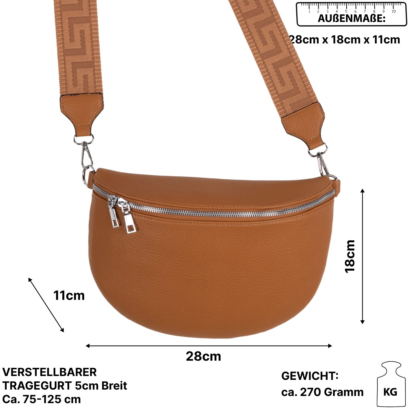 EAAKIE Gürteltasche Bauchtasche Umhängetasche Crossbody-Bag Kunstleder Italy-Design, als Schultertasche, CrossOver, Umhängetasche tragbar