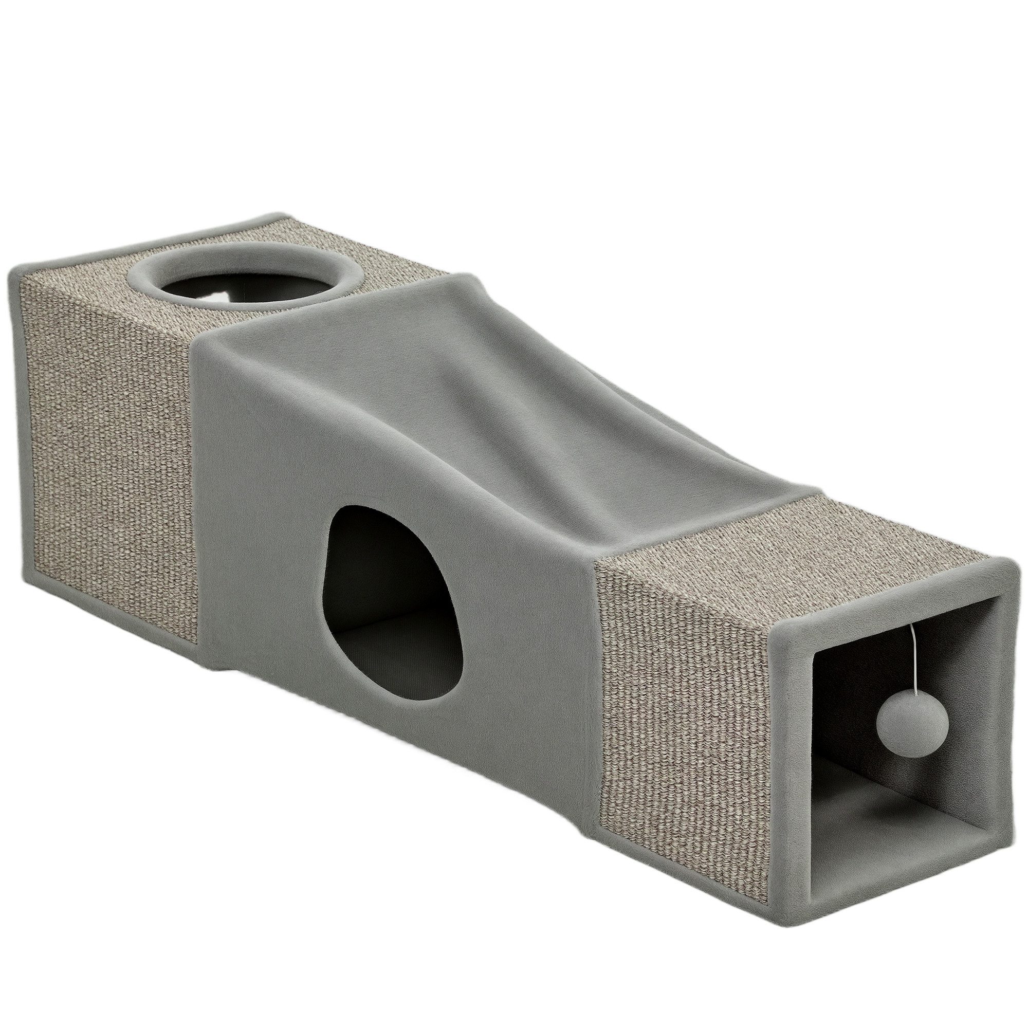 PawHut Tiertunnel mit Spielball, Faltbarer Spieltunnel aus Sisal, Kombiniertes Design, Spanplatte, Sisal, Kombiniertes Design, 98 x 30 x 30 cm