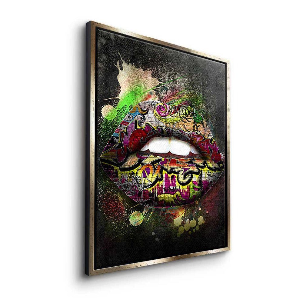 - Wandbild Graffiti Leinwandbild, modernes Rahmen Leinwandbild Lips Premium weißer DOTCOMCANVAS® - Art Pop -