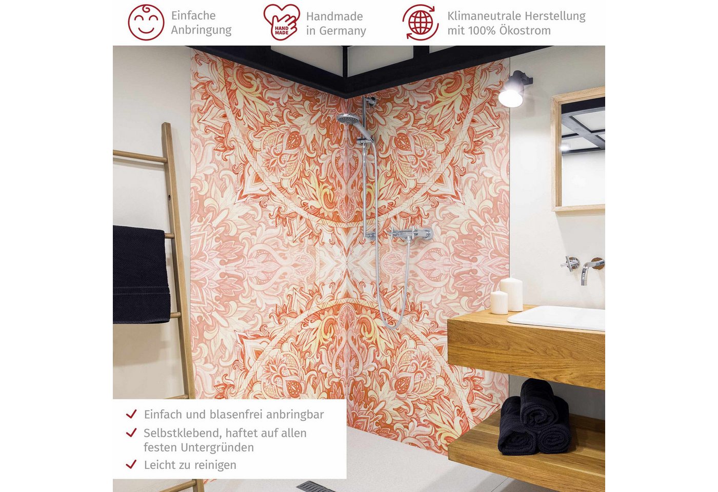 Thumbnail - Bilderdepot24 Badrückwand Mandala orange Duschrückwand ohne Bohren Dusche Aquarell, (2-tlg., Hart-Folie Premium matt 0,6...