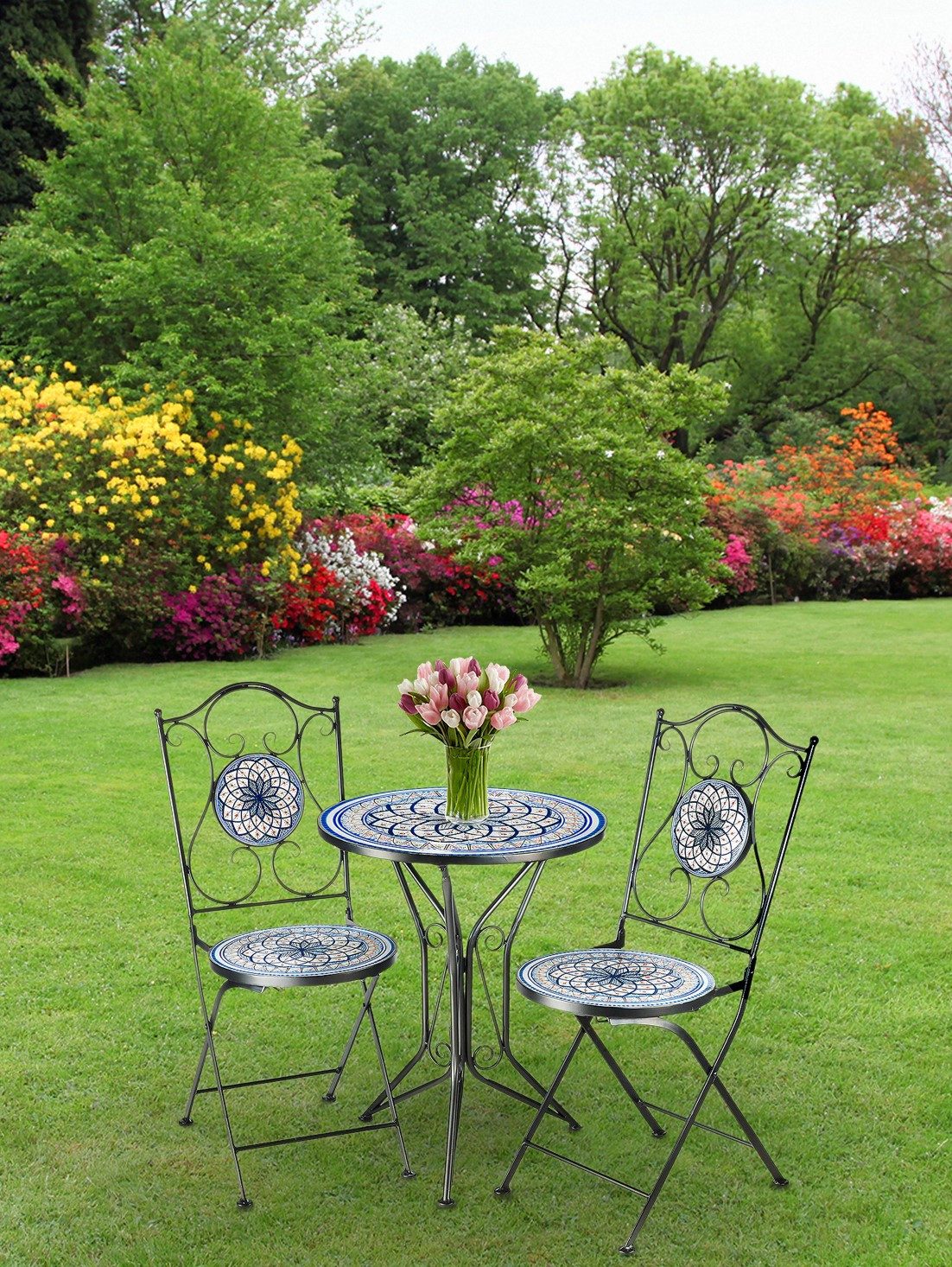 Kobolo Balkonset Sitzgruppe Gartenmöbel Tisch Stühle Metall Mosaik blau wei günstig online kaufen