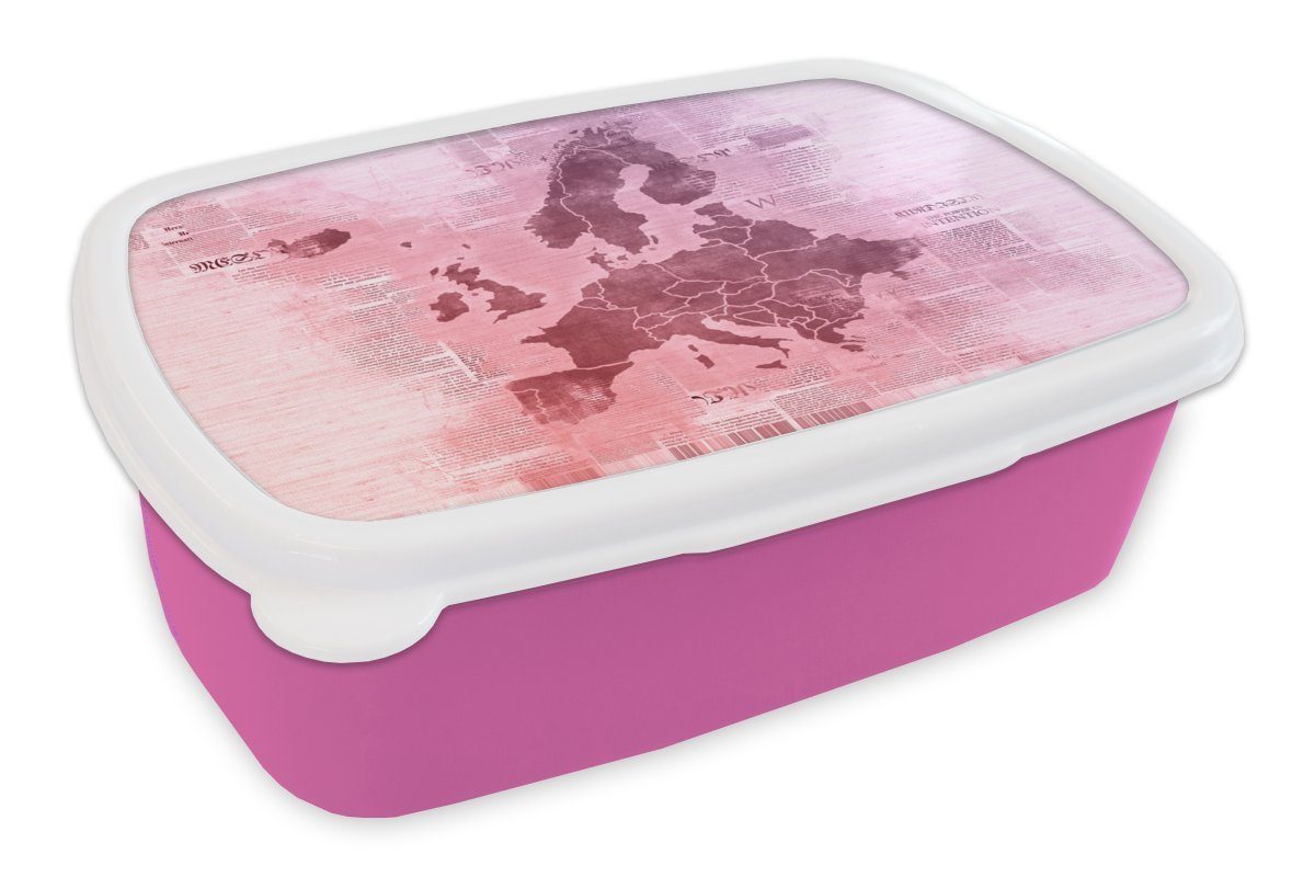 MuchoWow Lunchbox Karte von Europa - Zeitung - Lila, Kunststoff, (2-tlg), Brotbox für Erwachsene, Brotdose Kinder, Snackbox, Mädchen, Kunststoff rosa