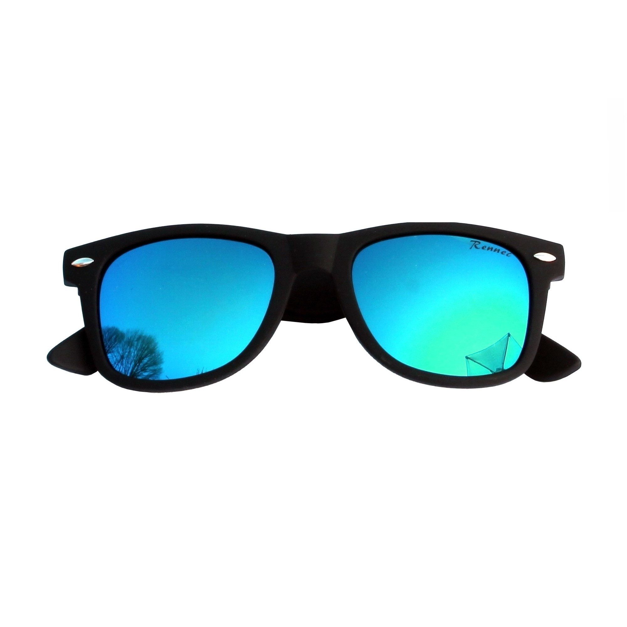 Rennec Sonnenbrille (Retro Markenbrille Schwarz Matt Rubber mit Brillenbeutel) Gläser Grün Blau Verspiegelt 3in2 Bügelgelenke Markenschriftzug