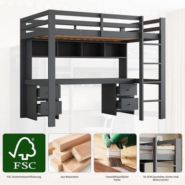 SOFTWEARY Hochbett mit Lattenrost und Schreibtisch (90x200 cm) Kinderbett mit Rausfallschutz, Holzbett