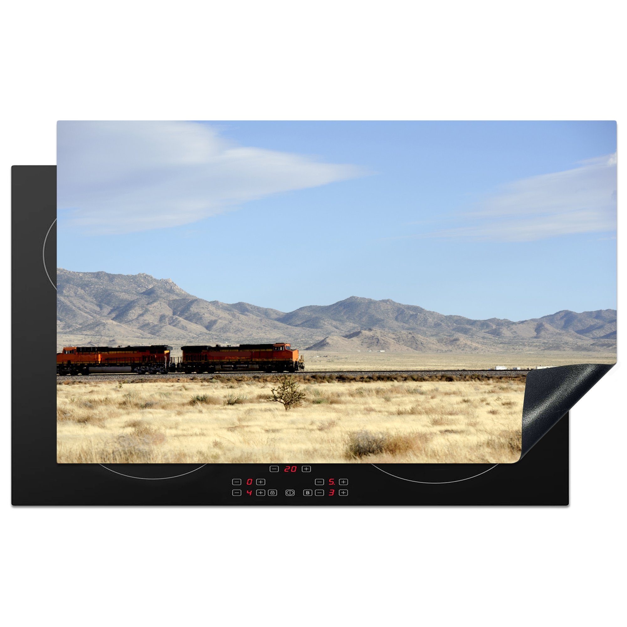 MuchoWow Herdblende-/Abdeckplatte Ein roter Zug in der Wüste, Vinyl, (1 tlg), 83x51 cm, Ceranfeldabdeckung, Arbeitsplatte für küche