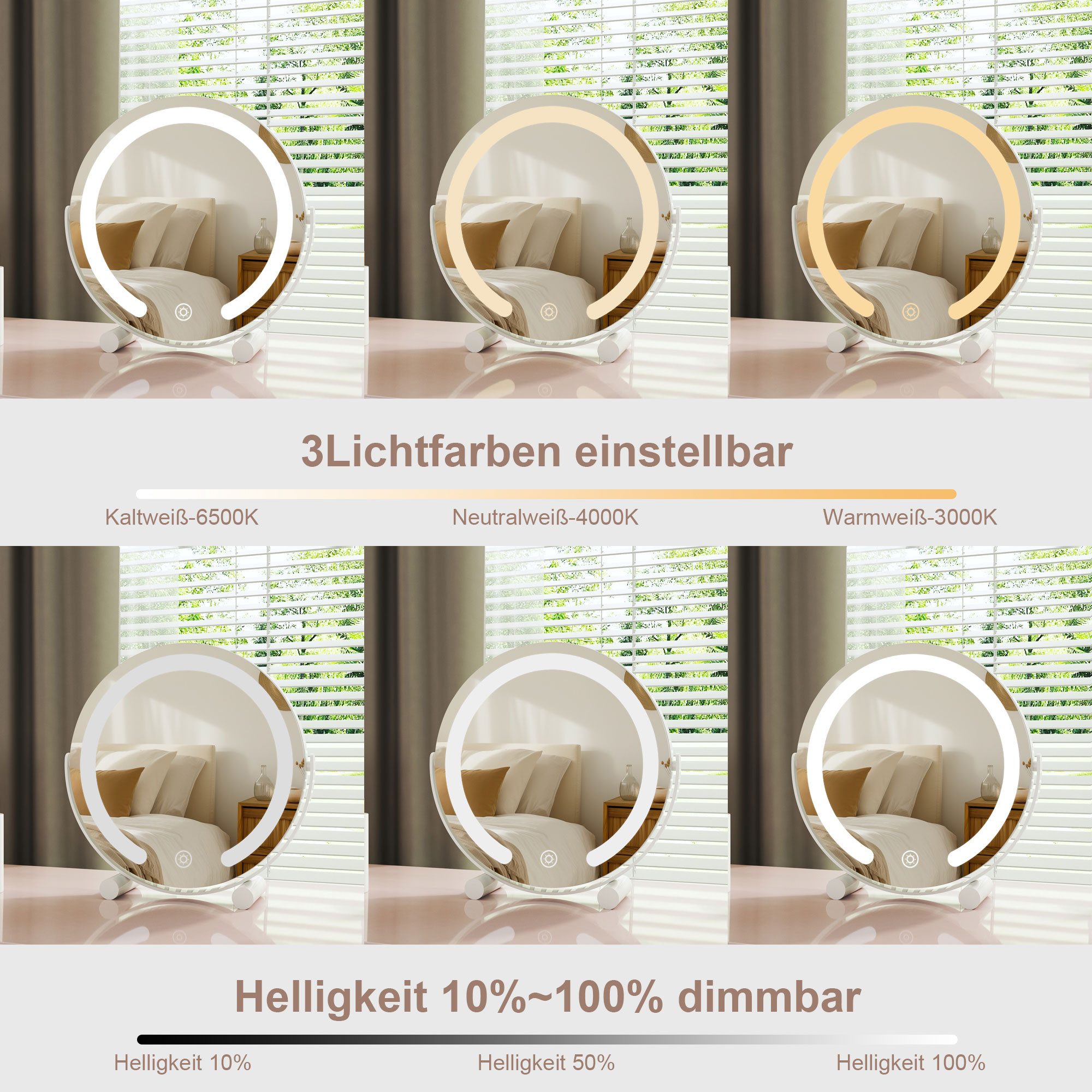 WDWRITTI Schminkspiegel mit Beleuchtung für tisch Kosmetikspiegel 3Lichtfarben Dimmbar Touch (Tischspiegel Rechteckig Rund, mit LED, Touch), HD Kupfer- und bleifreier Spiegel, Stabile Standfuß