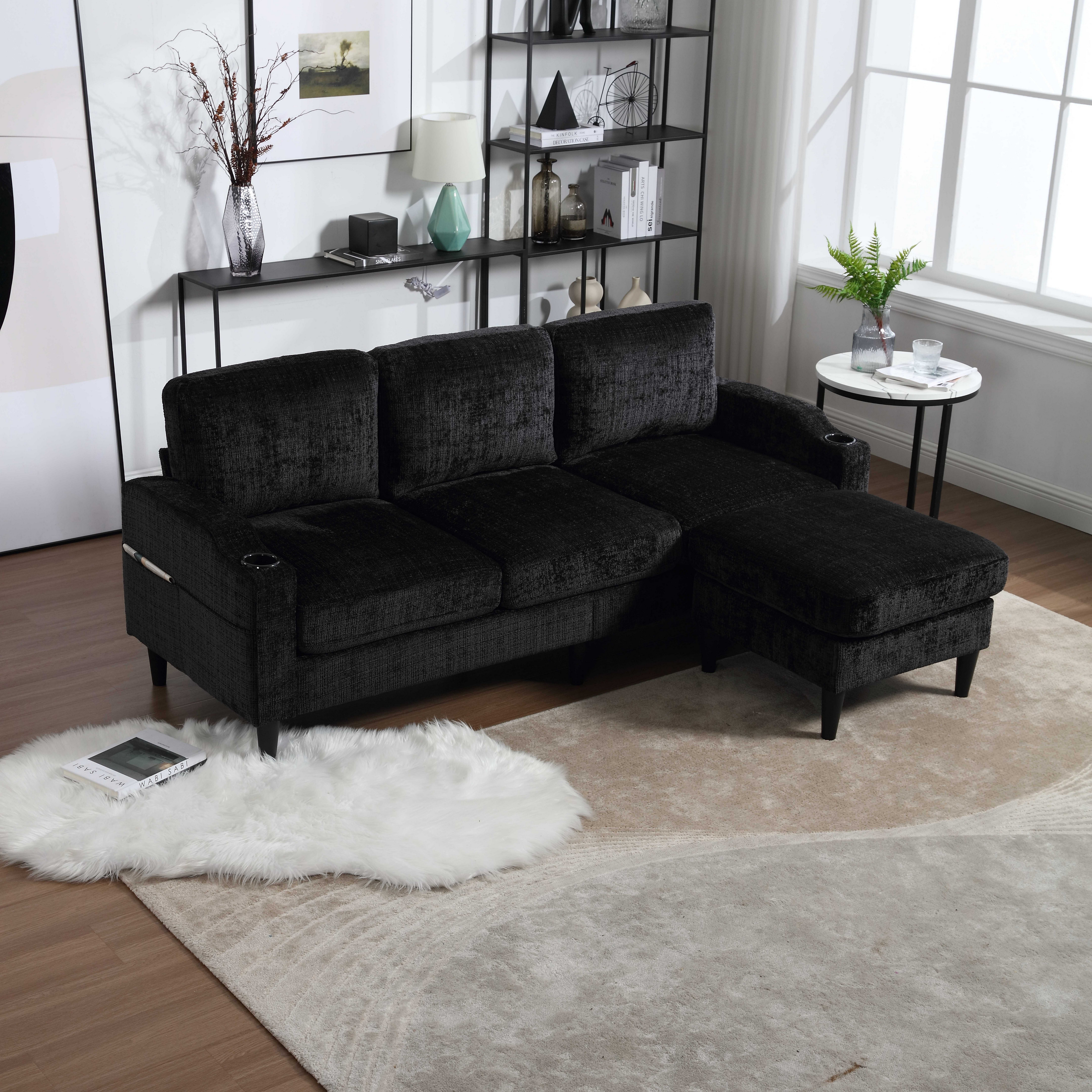BlingBin Ecksofa Elegantes Sofa, mit Hocker,bequemen Armlehnen, Getränkehalter, Seitentaschen 1 Teile, 196,5×75×77 cm, 4-Sitzer,Samtbezug für hautfreundlichen Komfort