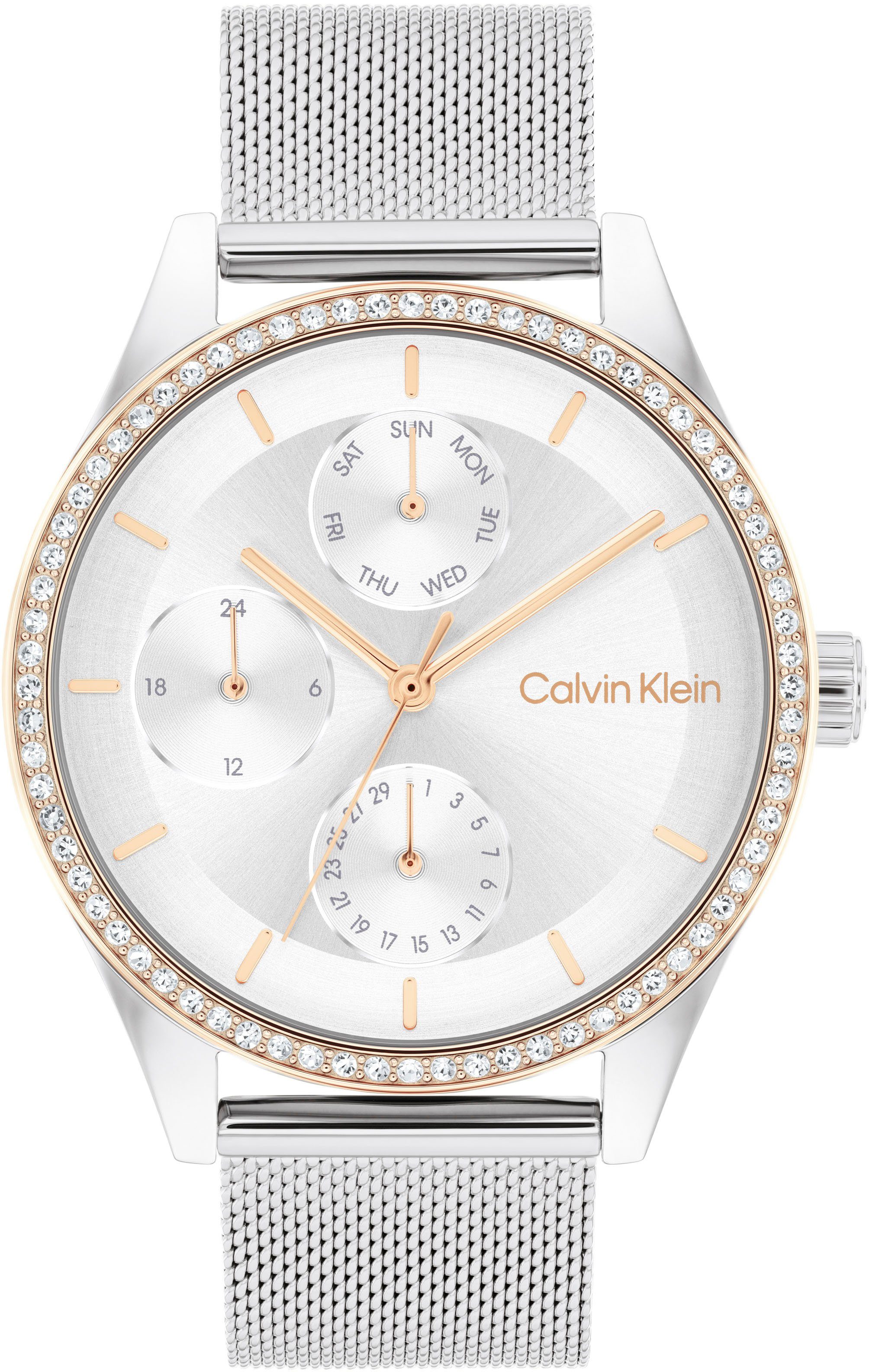 Calvin Klein Multifunktionsuhr TIMELESS, Quarzuhr, Armbanduhr, Damen, Datum, Glaskristalle, 12/24-Std.-Anzeige