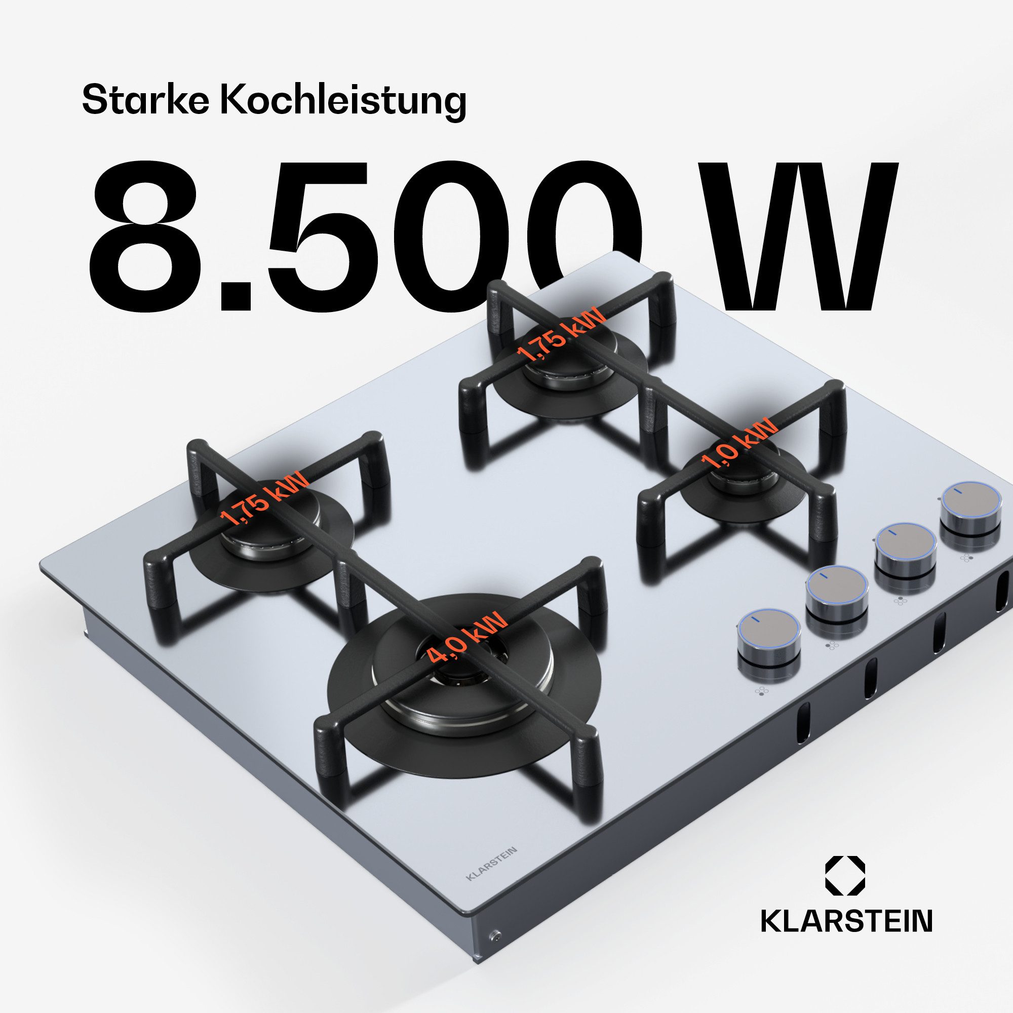 Klarstein Gas-Kochfeld Illuminosa 4, Gaskochfeld 4-flammig Sabaf-Brenner Edelstahl