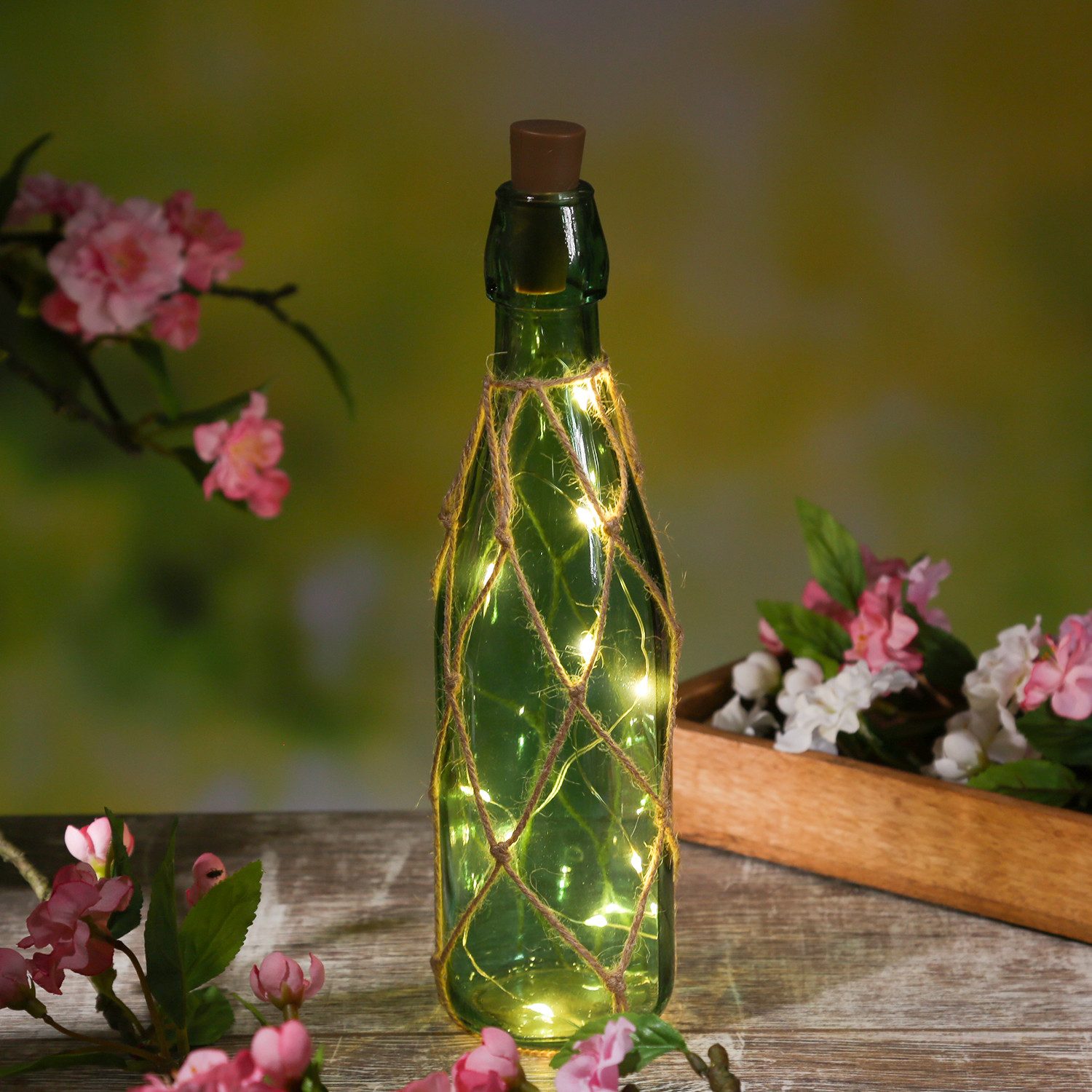 MARELIDA LED Dekolicht LED Dekoflasche mit Lichterkette Juteseil Leuchtflasche dunkelgrün, LED Classic, warmweiß (2100K bis 3000K)