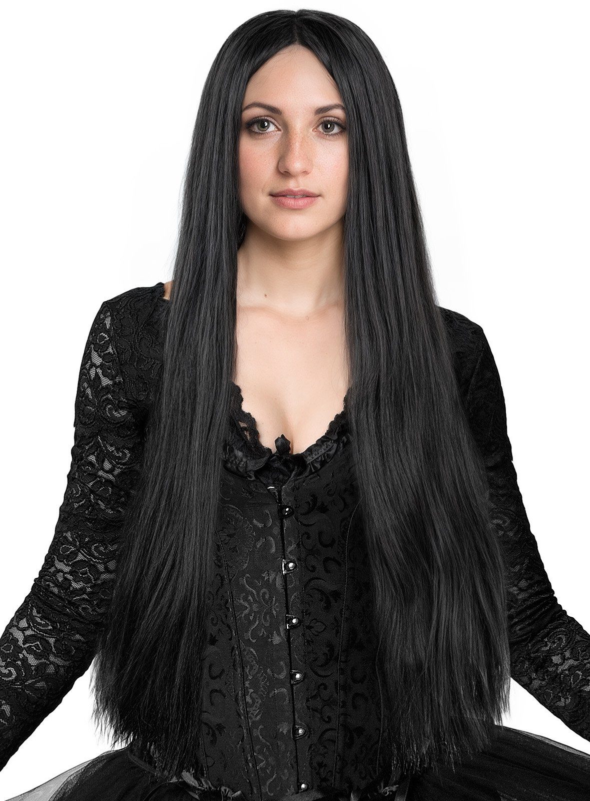Metamorph Kostüm-Perücke Morticia Perücke - Kostüm Perücke für Fasching, Langes, glattes, schwarzes Haar für Hexen, Vampire und Gothic-Mütter