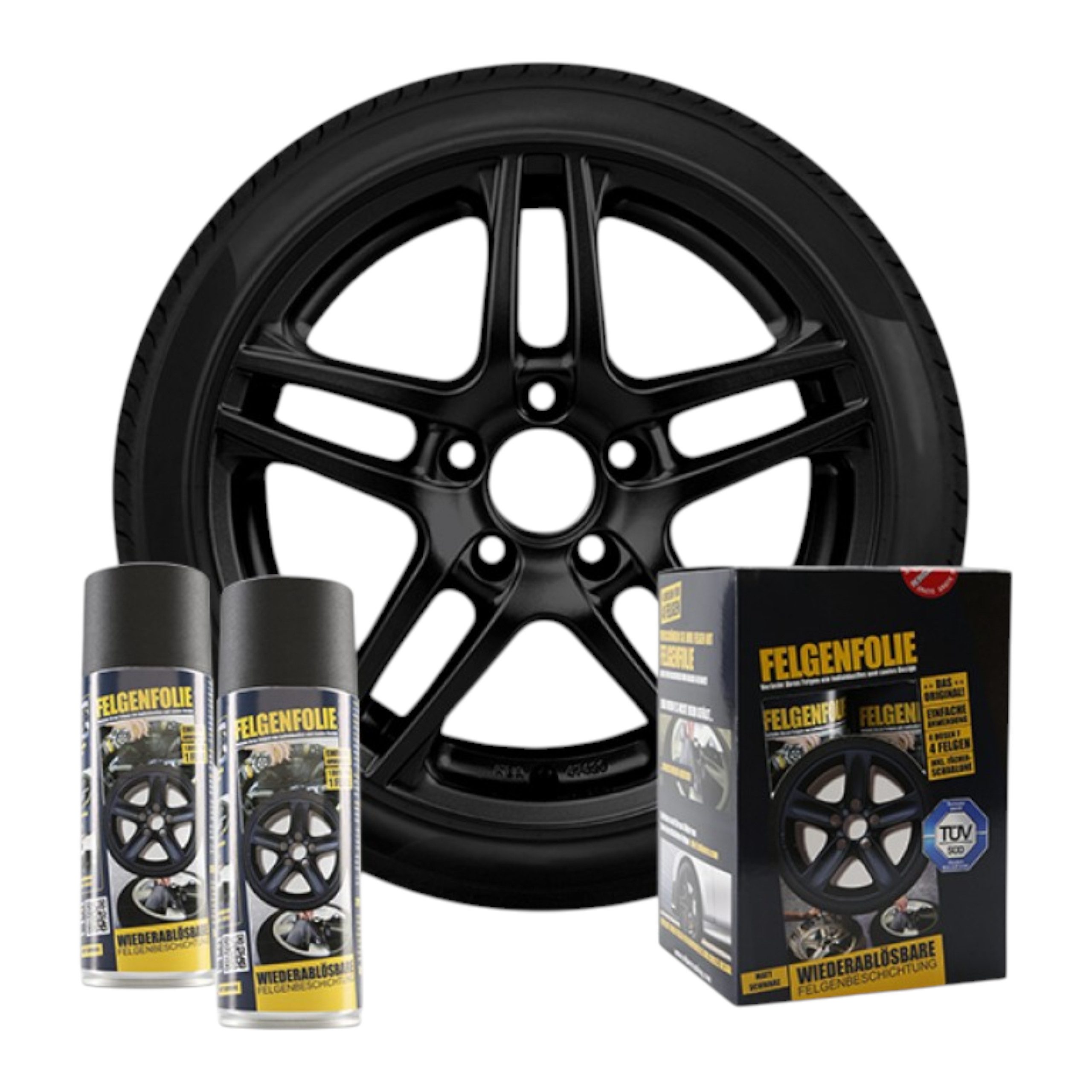 mibenco Felgenaufkleber mibenco Felgenfolie-Set 4×400 ml Schwarz Matt – Sprühfolie für Felgen