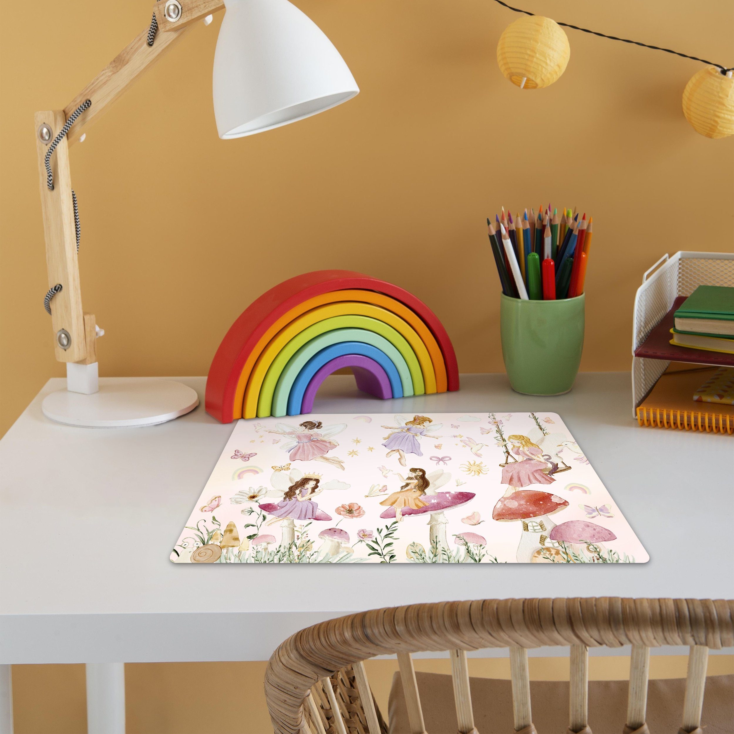 MuchoWow Platzset Feen - Prinzessin - Blumen - Mädchen - Rosa - Kinder, (1-St), Kinder-Arbeitsunterlage Schreibtisch, Bastelmatte Kind, Zeichenmatte