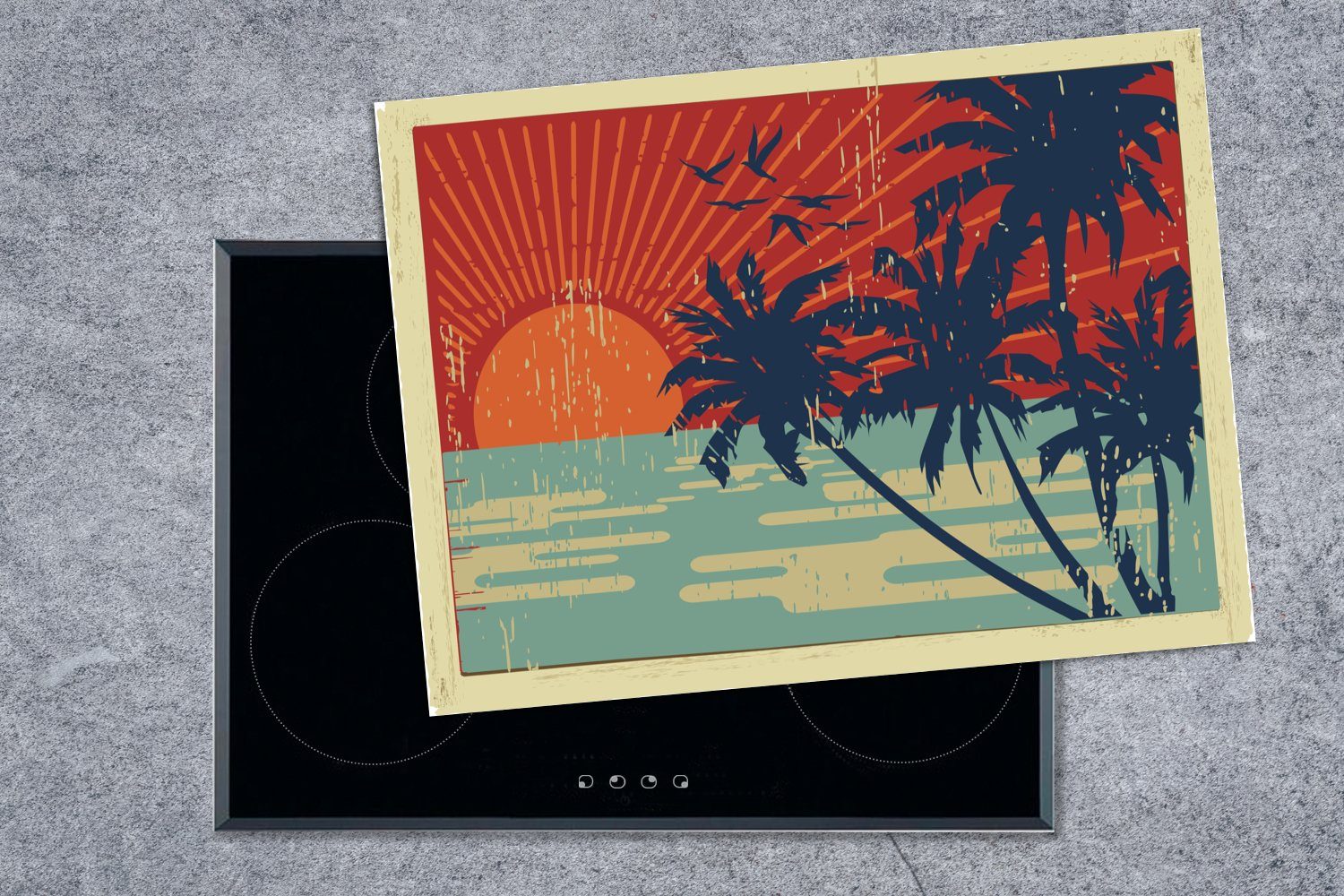 Arbeitsfläche MuchoWow cm, (1 tlg), einer Vinyl, tropischen 70x52 Illustration nutzbar, Postkarte, Mobile Ceranfeldabdeckung Herdblende-/Abdeckplatte
