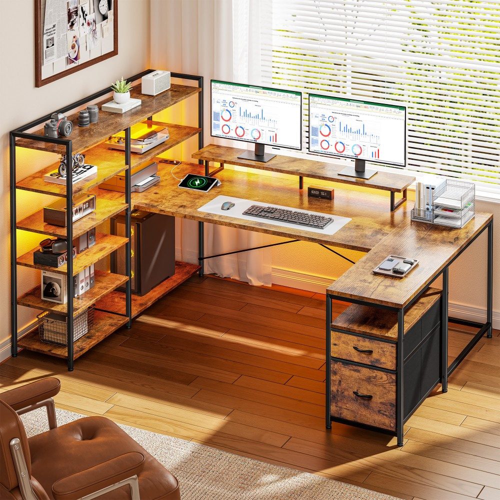 Klyvvo Eckschreibtisch U-Form Schreibtisch mit LED, 2 Schubladen & 6 Regalen (1-St., Monitorhalterung, Steckdosen), Großer Schreibtisch für Homeoffice, Studieren, Gaming