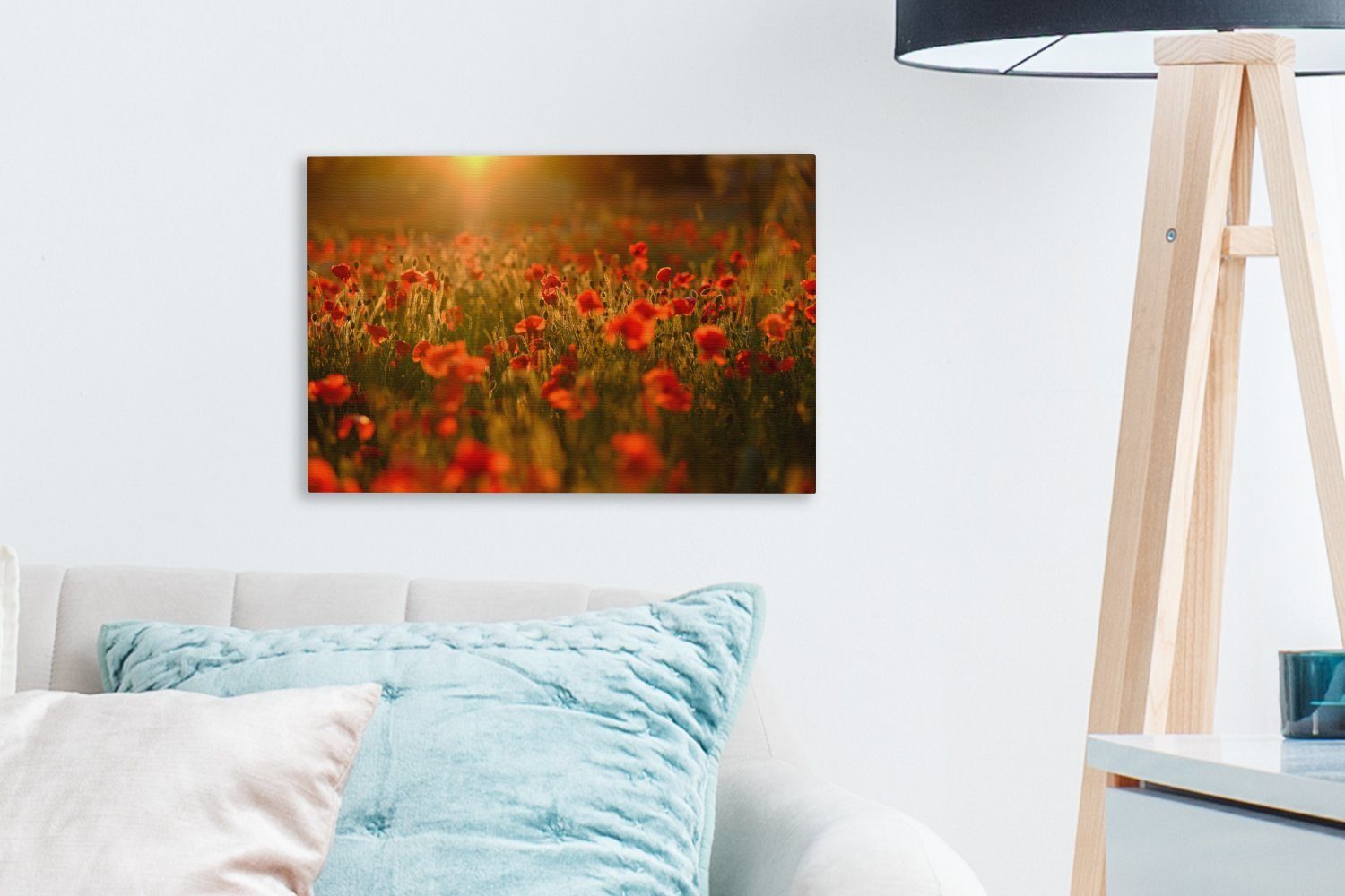 OneMillionCanvasses® Leinwandbild Mohnblumen (1 30x20 Wandbild Wanddeko, Leinwandbilder, Blumen - St), - Aufhängefertig, cm Sonnenuntergang