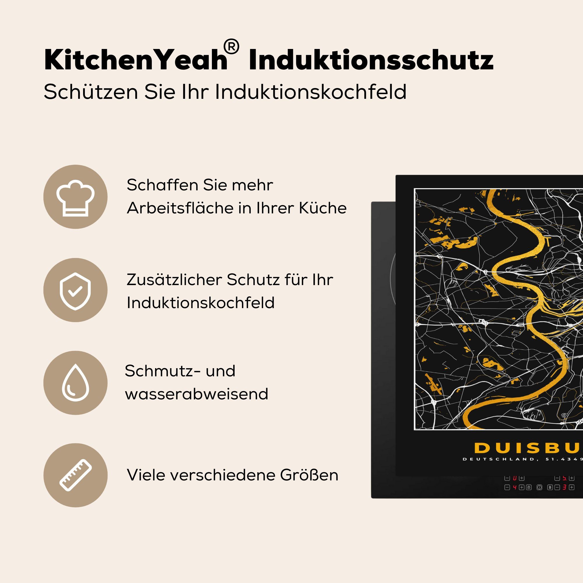 Karte Herdblende-/Abdeckplatte MuchoWow Ceranfeldabdeckung, Duisburg für Vinyl, tlg), - - - küche Stadtplan Gold, Deutschland (1 cm, 78x78 - Arbeitsplatte